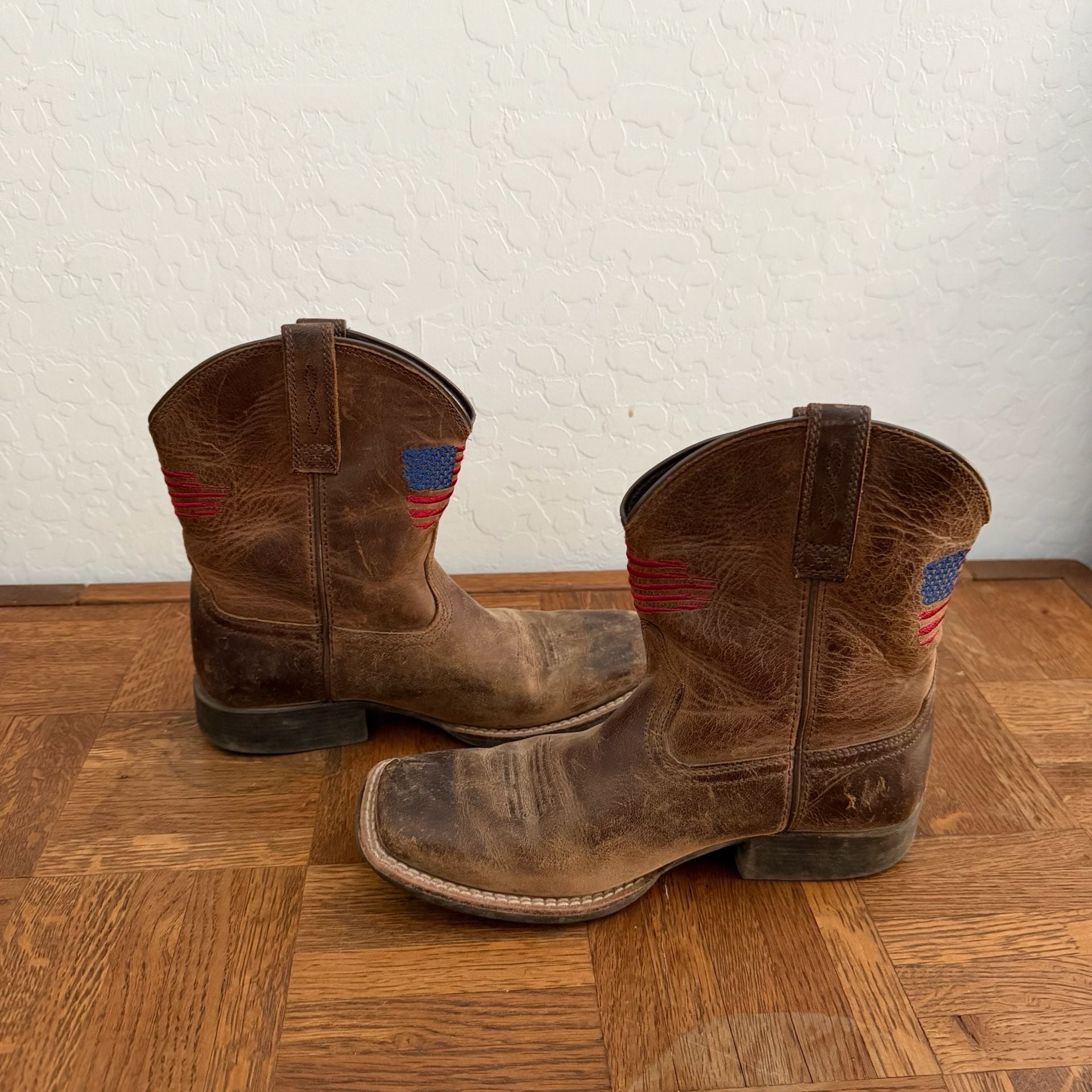 Ariat Patriot Western Boots Brown Leather Flag Square Toe US 3 Kids 7