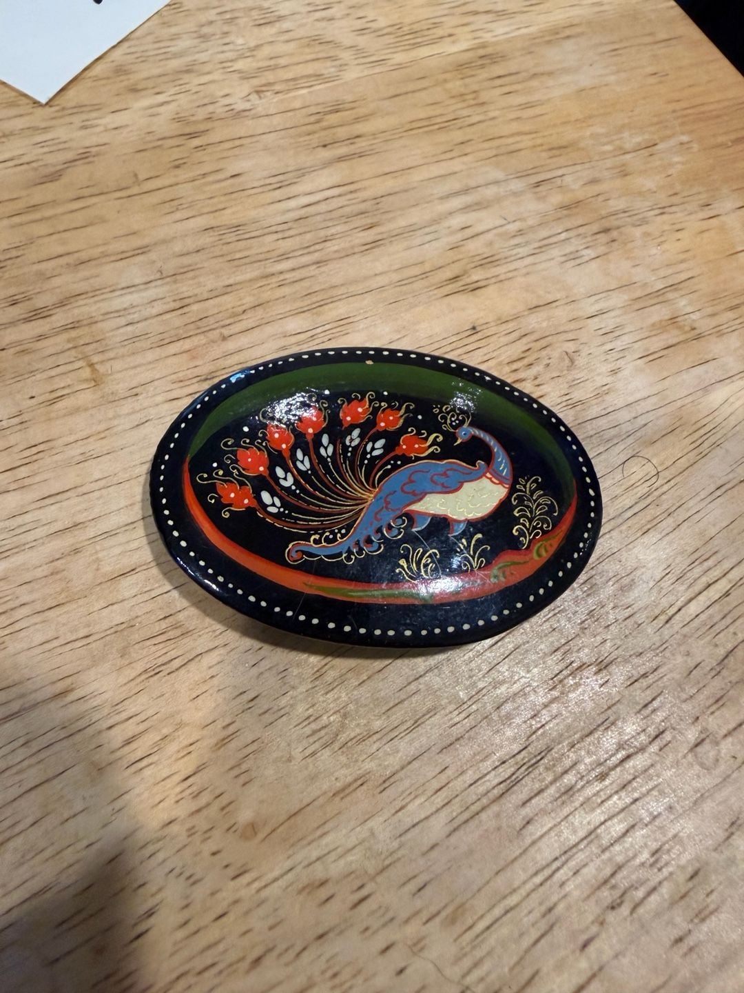 Russian Palekh Hand Painted Lacquer Peacock Brooch Pin 2