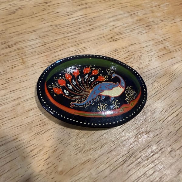 Russian Palekh Hand Painted Lacquer Peacock Brooch Pin