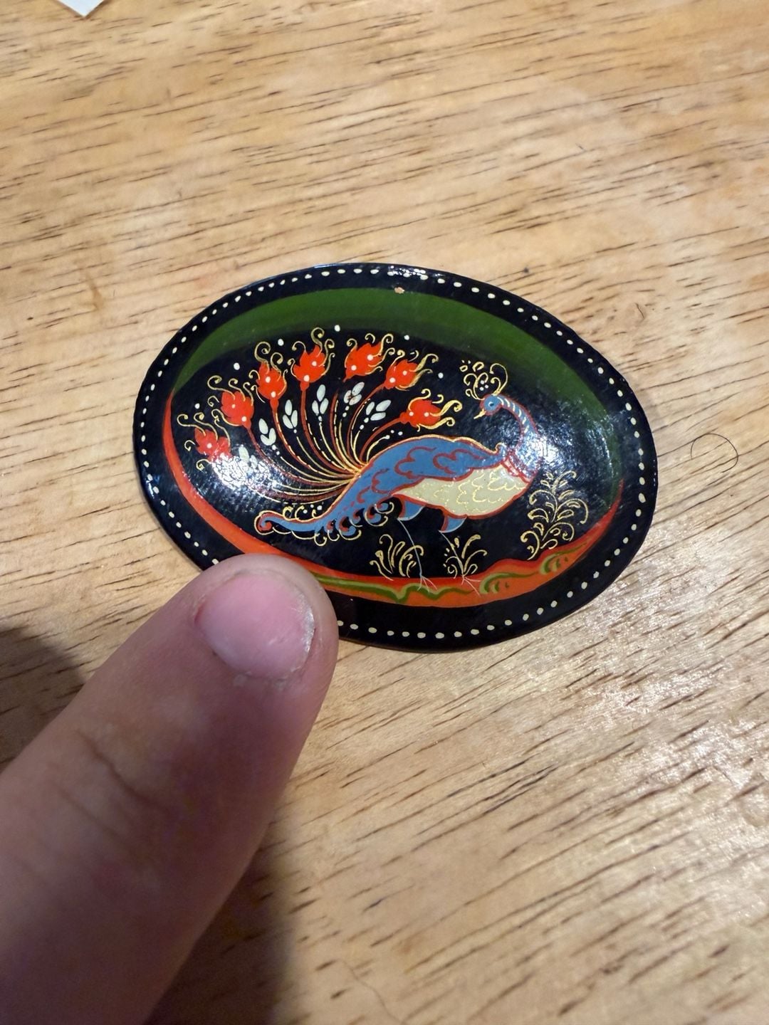 Russian Palekh Hand Painted Lacquer Peacock Brooch Pin 3