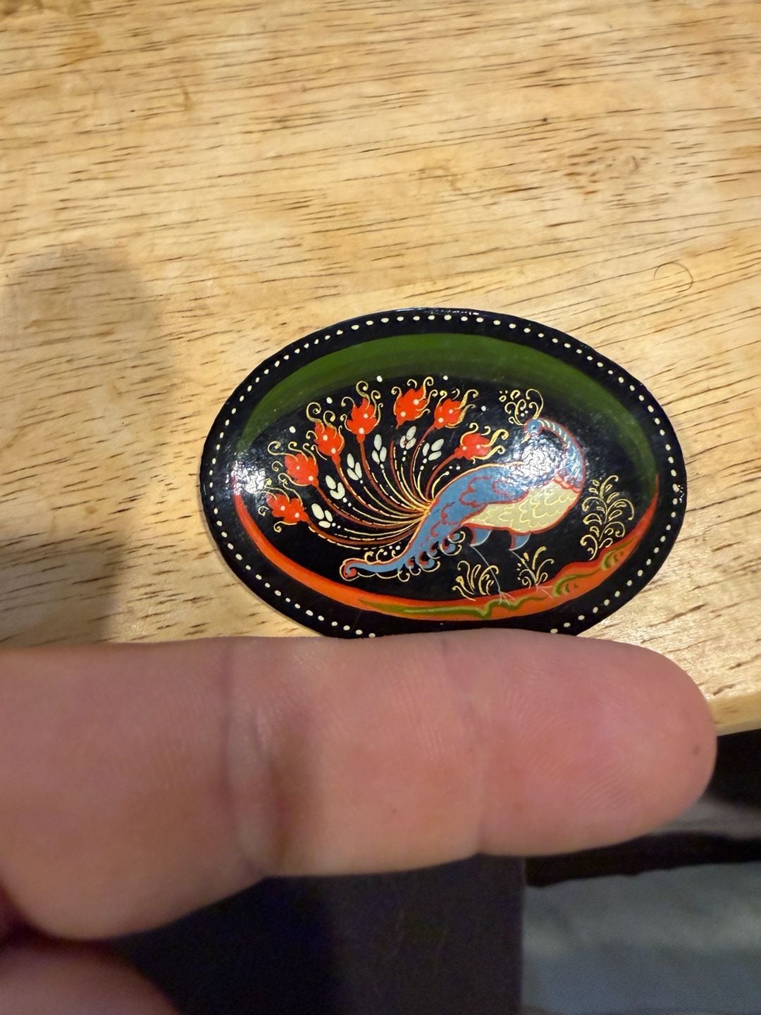Russian Palekh Hand Painted Lacquer Peacock Brooch Pin 5