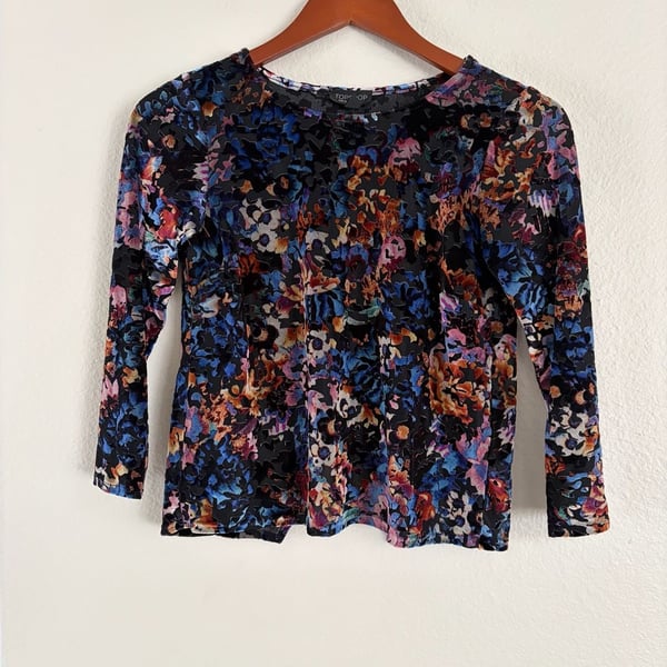 Topshop Floral Burnout Velvet whimsical Open Back Long Sleeve Top Size US 2