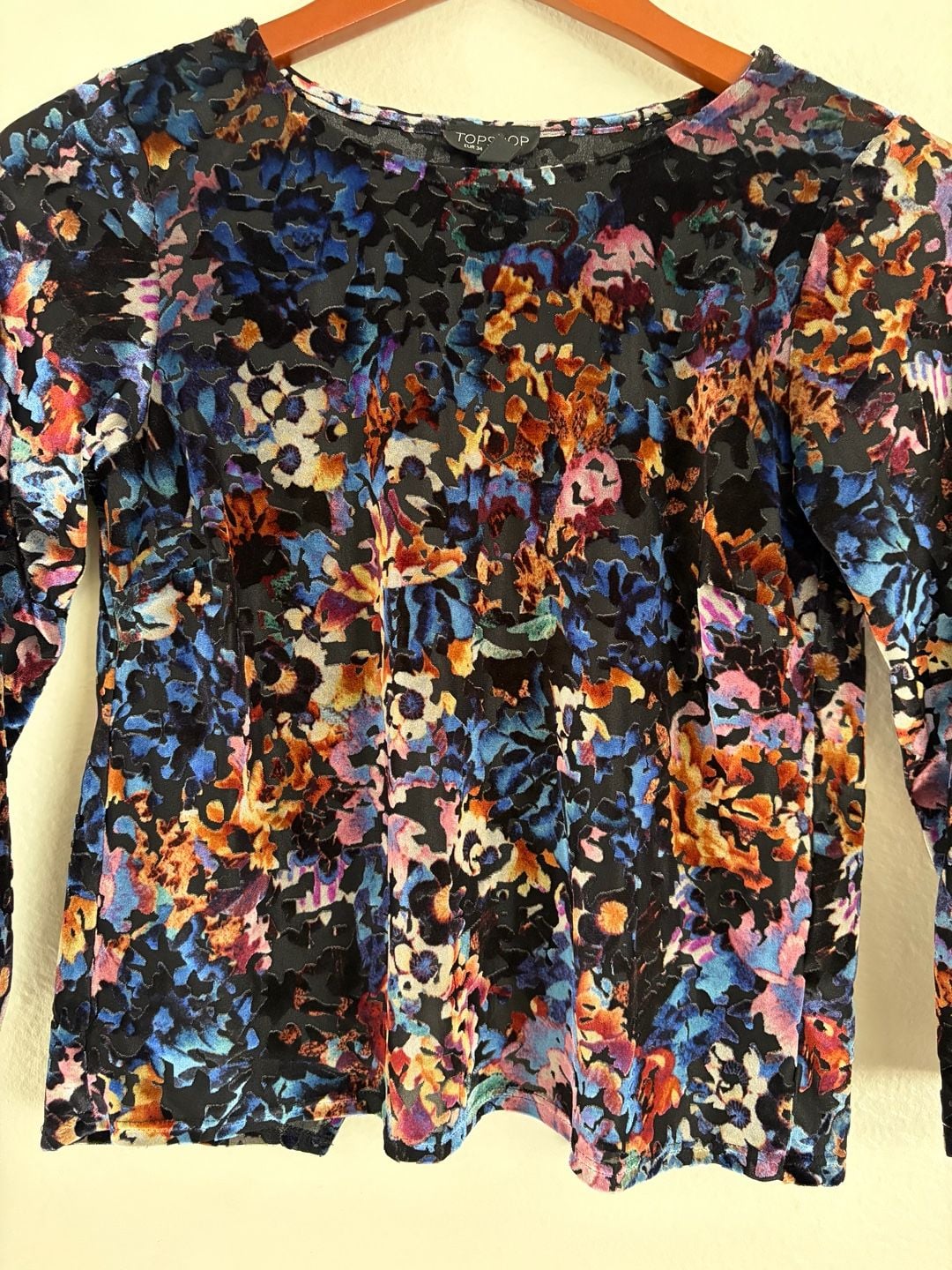 Topshop Floral Burnout Velvet whimsical Open Back Long Sleeve Top Size US 2 3