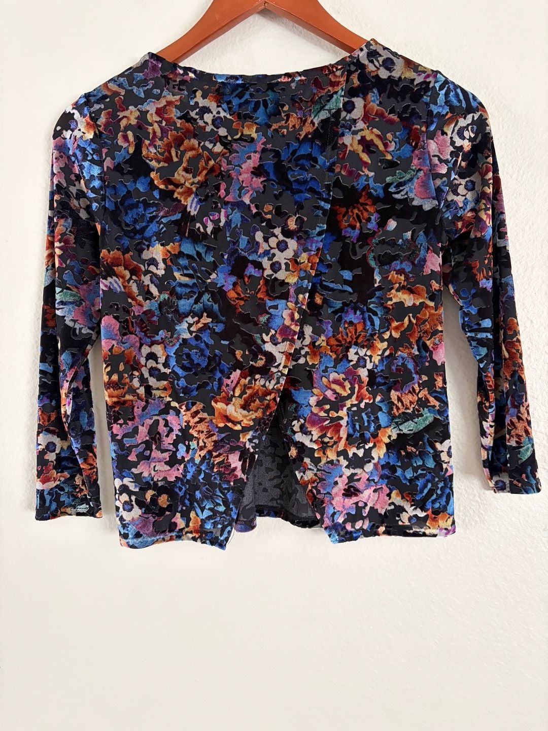 Topshop Floral Burnout Velvet whimsical Open Back Long Sleeve Top Size US 2 4