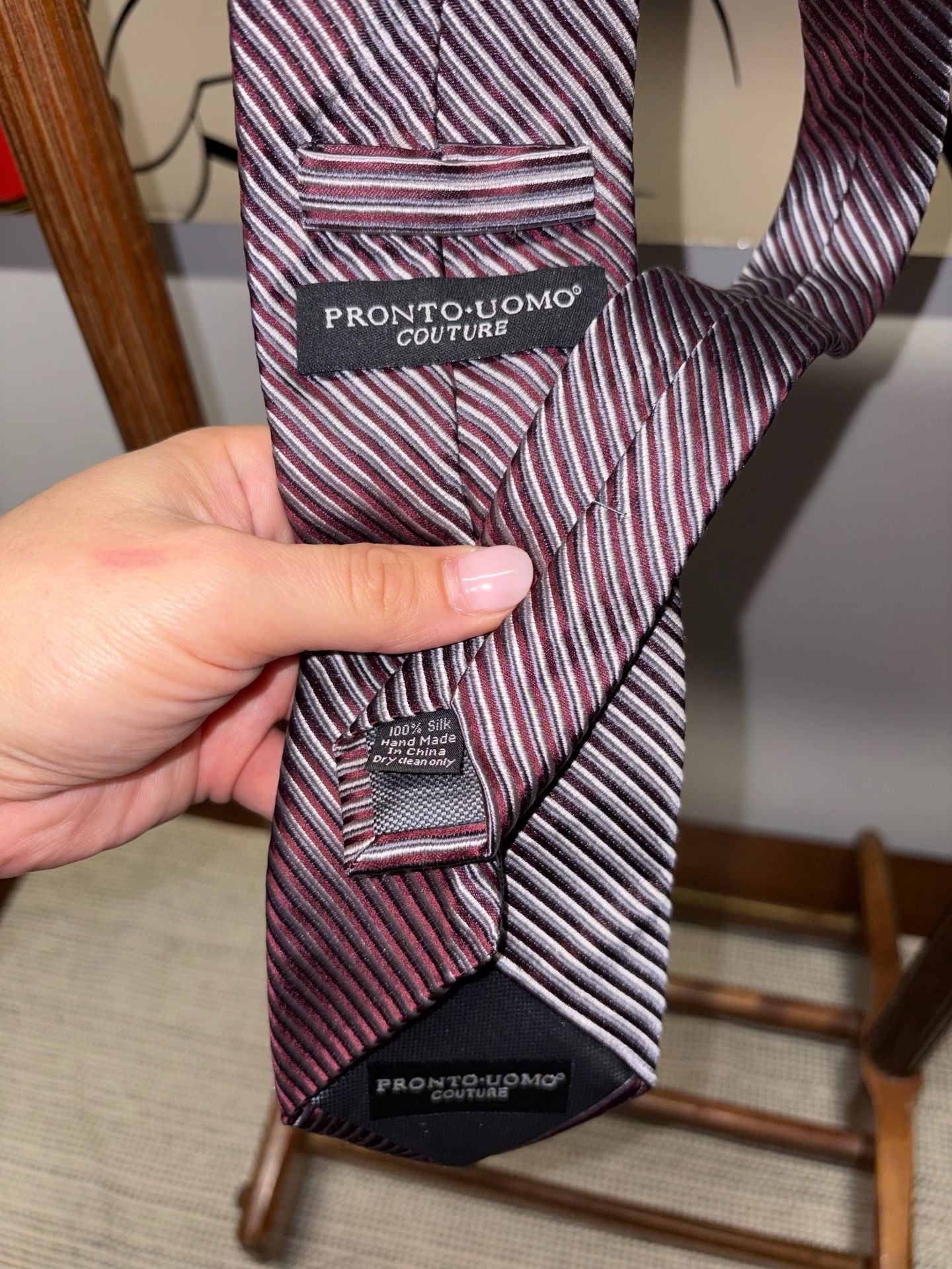 Pronto Uomo Couture Silk Striped Necktie Burgundy Silver 1