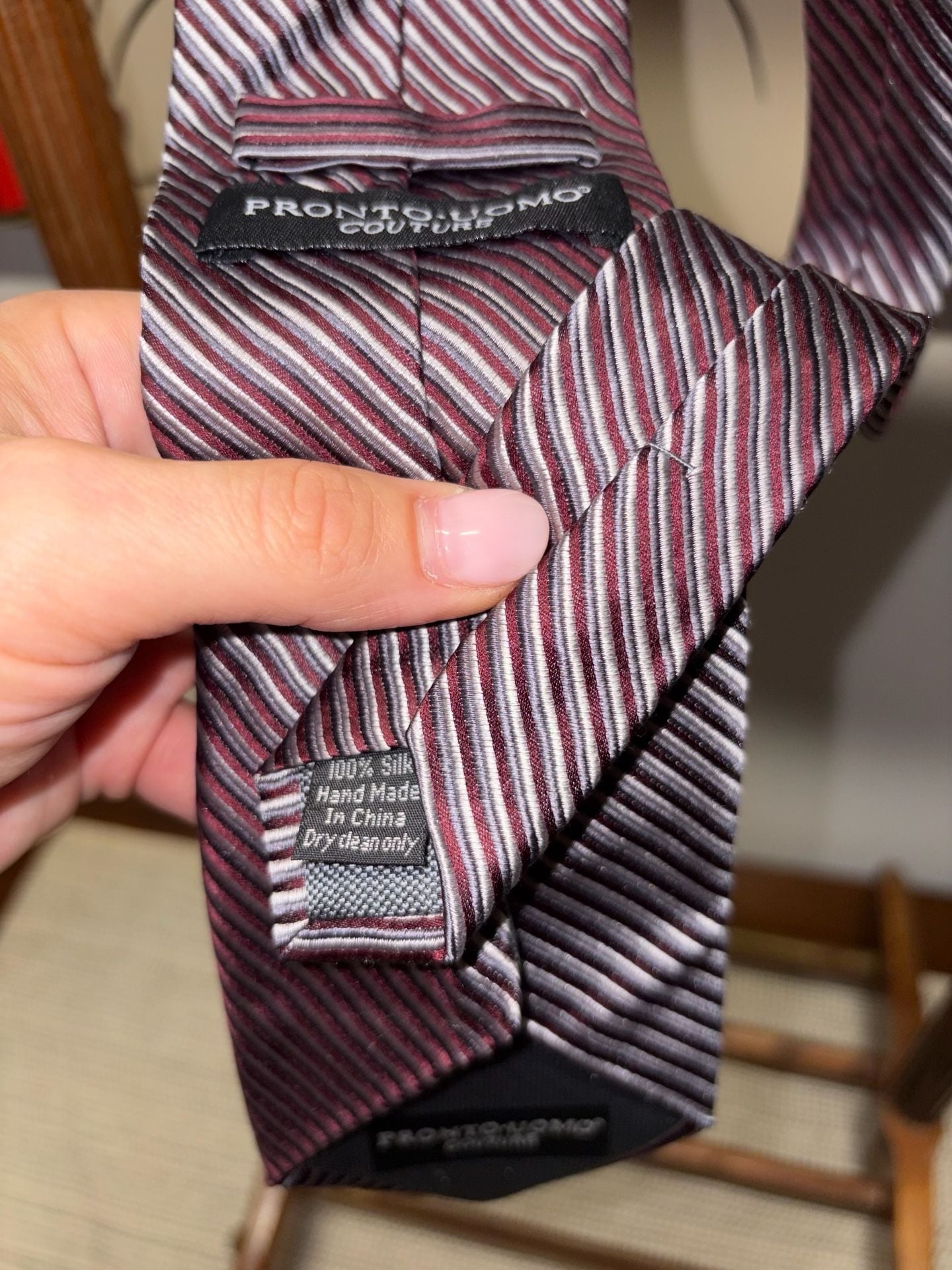 Pronto Uomo Couture Silk Striped Necktie Burgundy Silver 3