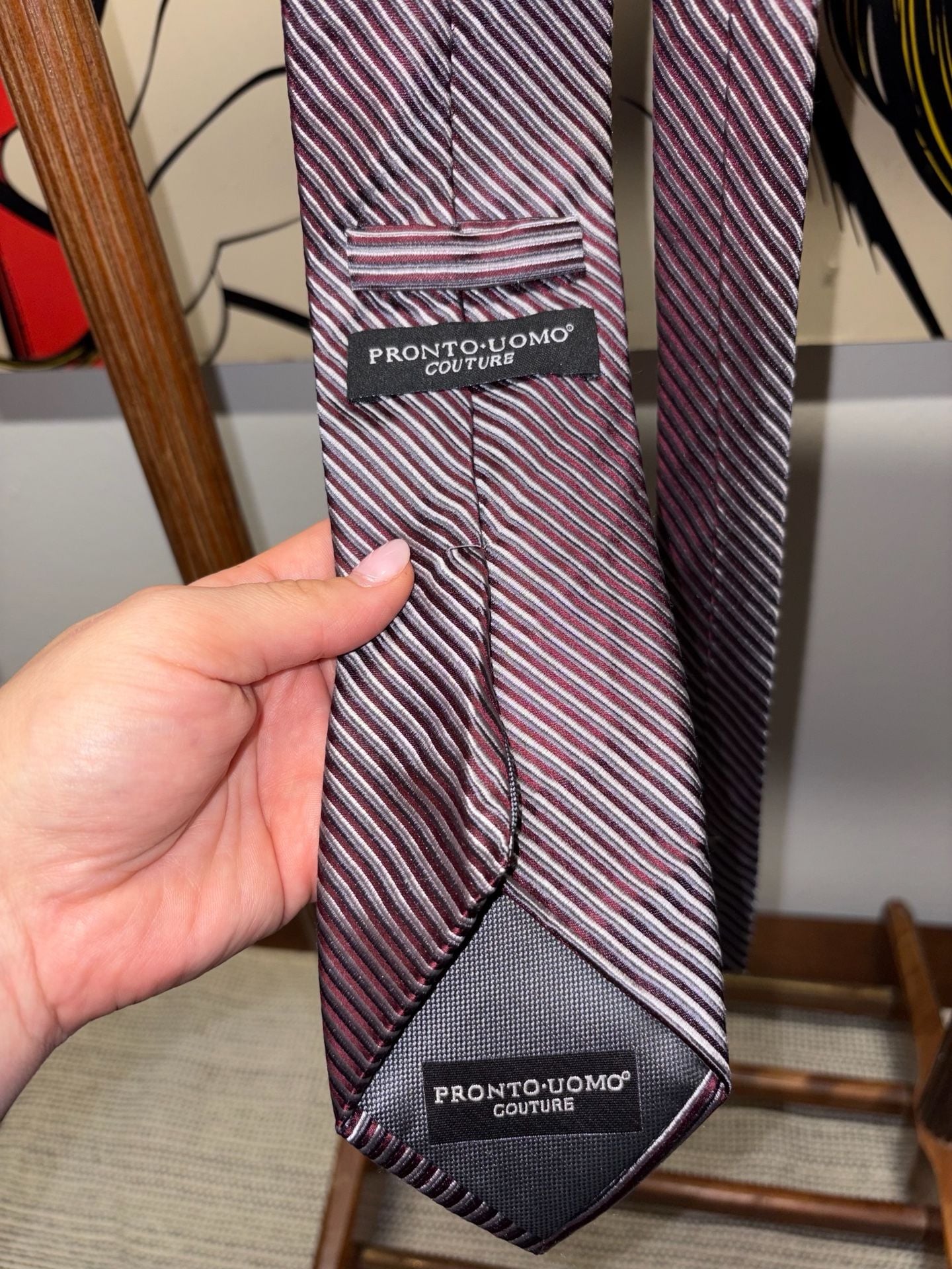 Pronto Uomo Couture Silk Striped Necktie Burgundy Silver 5