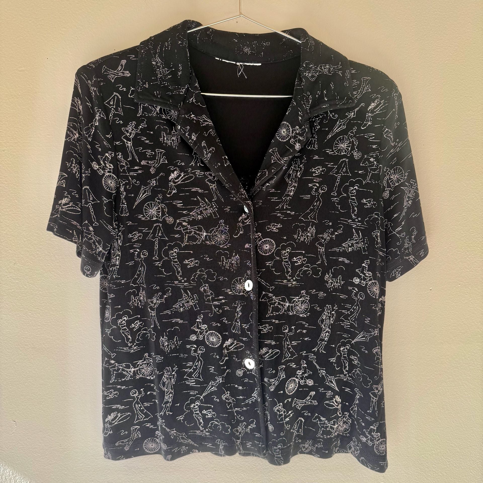 Vintage Black Button Up Blouse with White Drawings 3