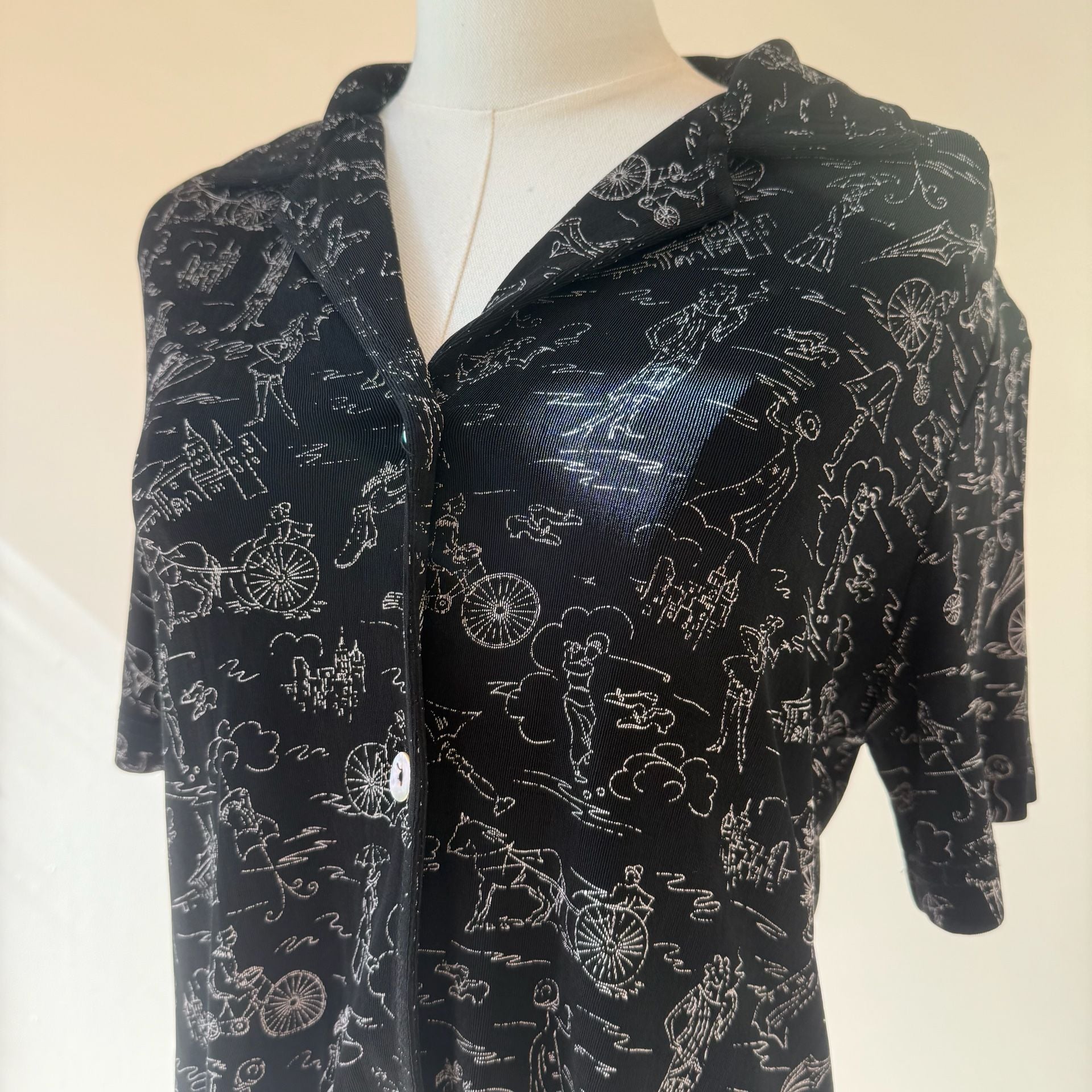 Vintage Black Button Up Blouse with White Drawings 4
