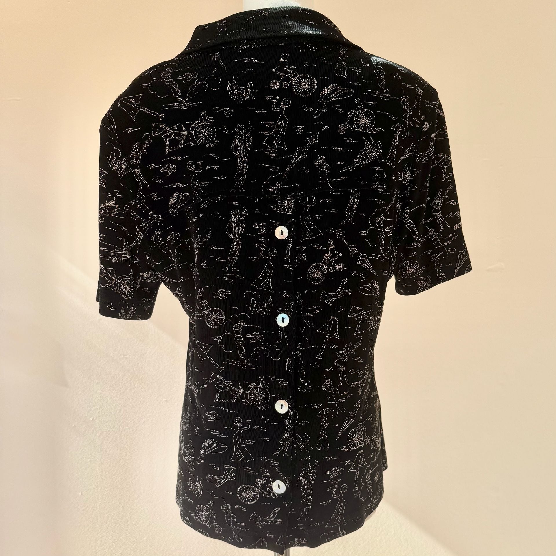 Vintage Black Button Up Blouse with White Drawings 5