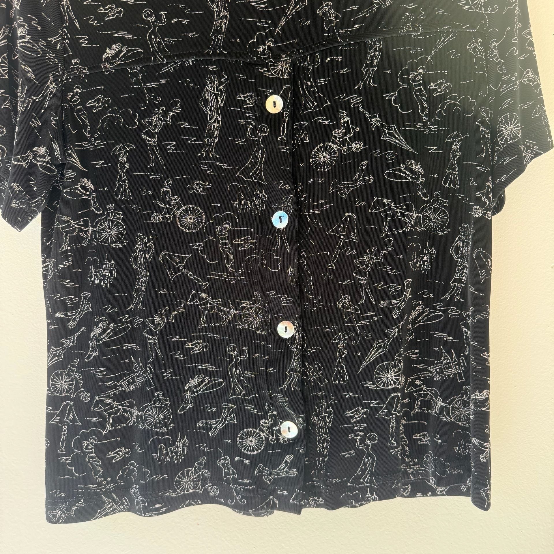 Vintage Black Button Up Blouse with White Drawings 6