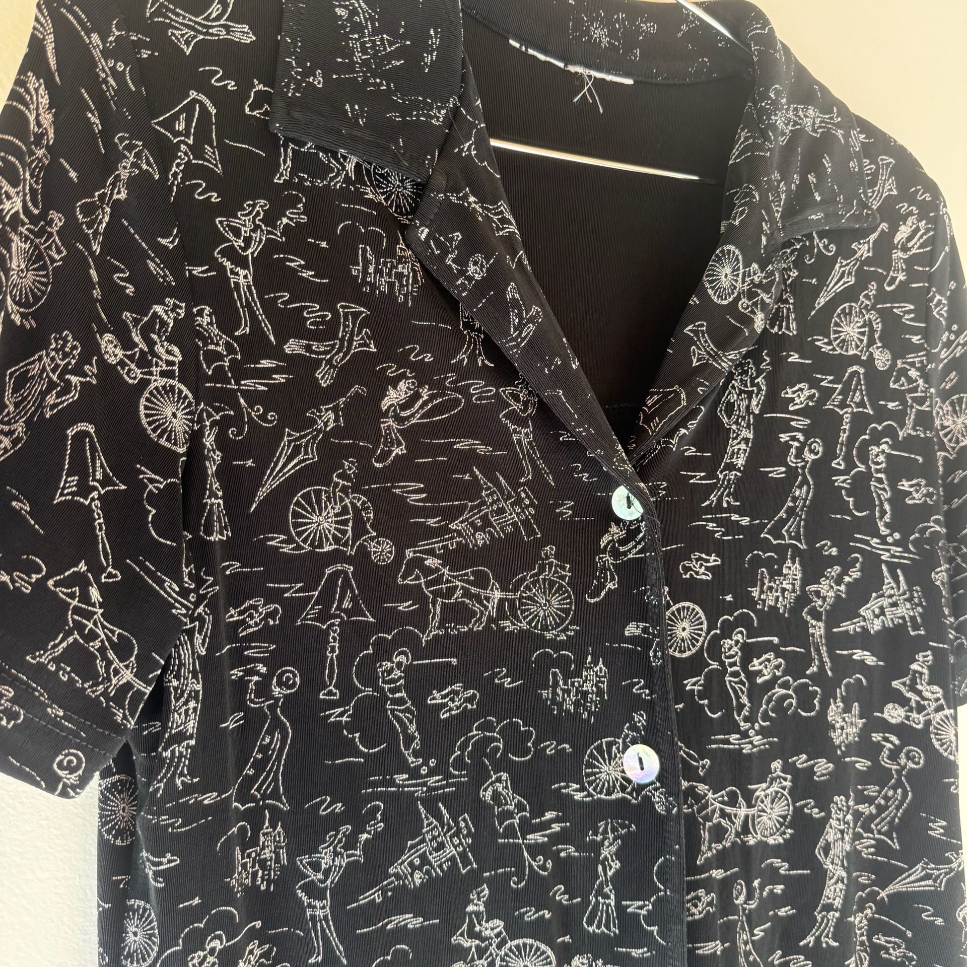 Vintage Black Button Up Blouse with White Drawings 7