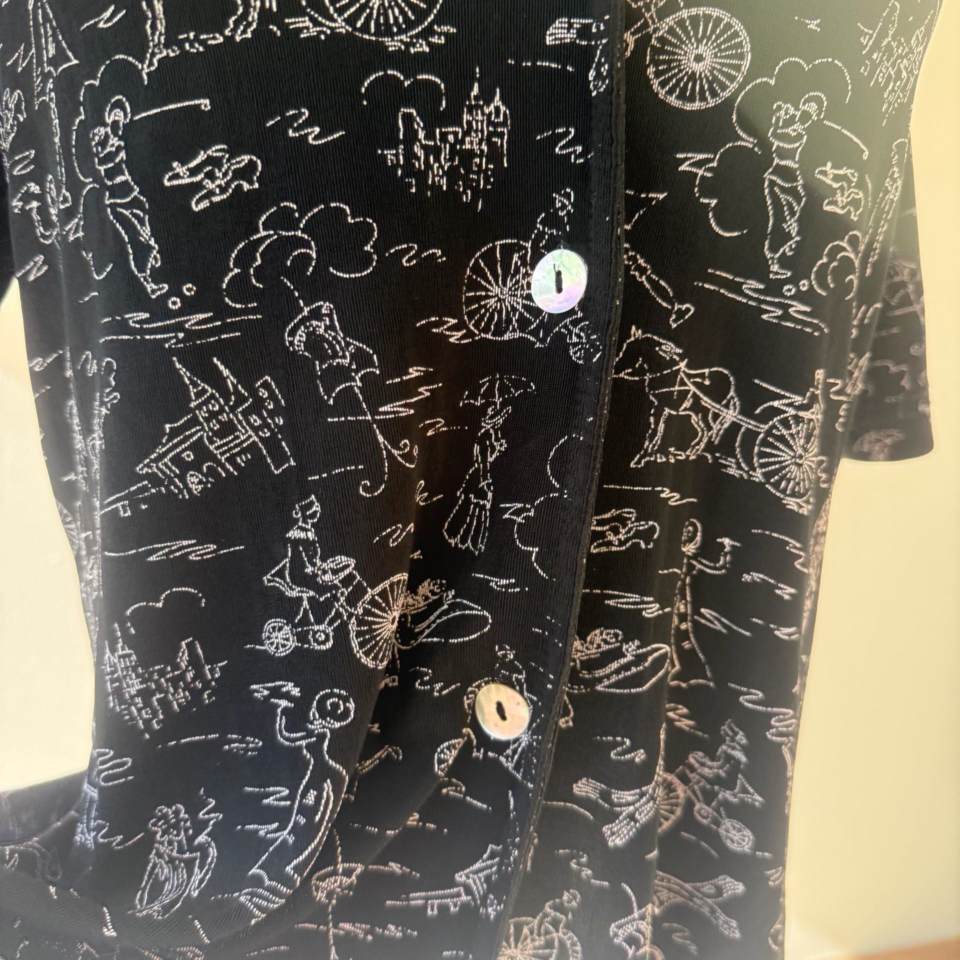 Vintage Black Button Up Blouse with White Drawings 9