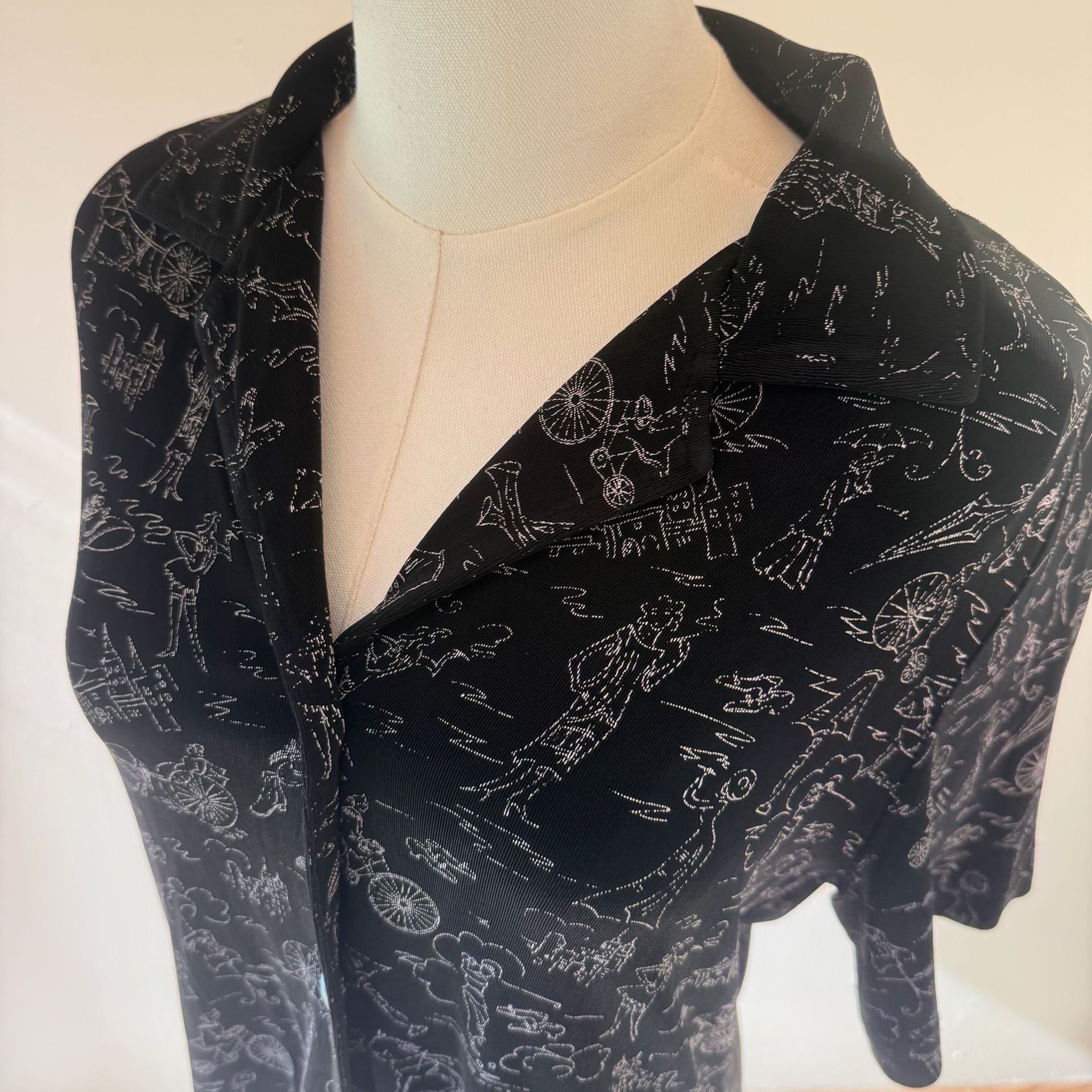 Vintage Black Button Up Blouse with White Drawings 10