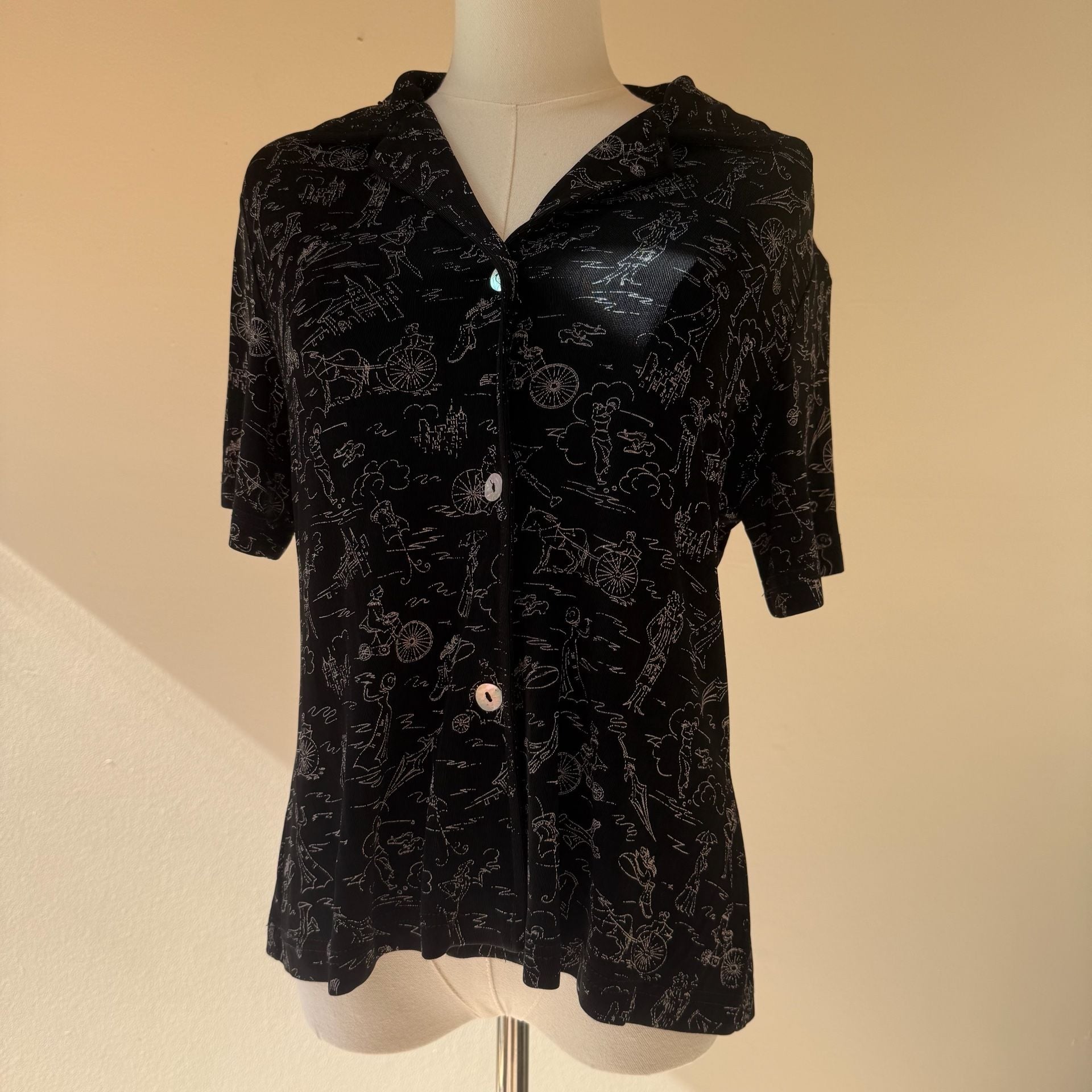 Vintage Black Button Up Blouse with White Drawings 11