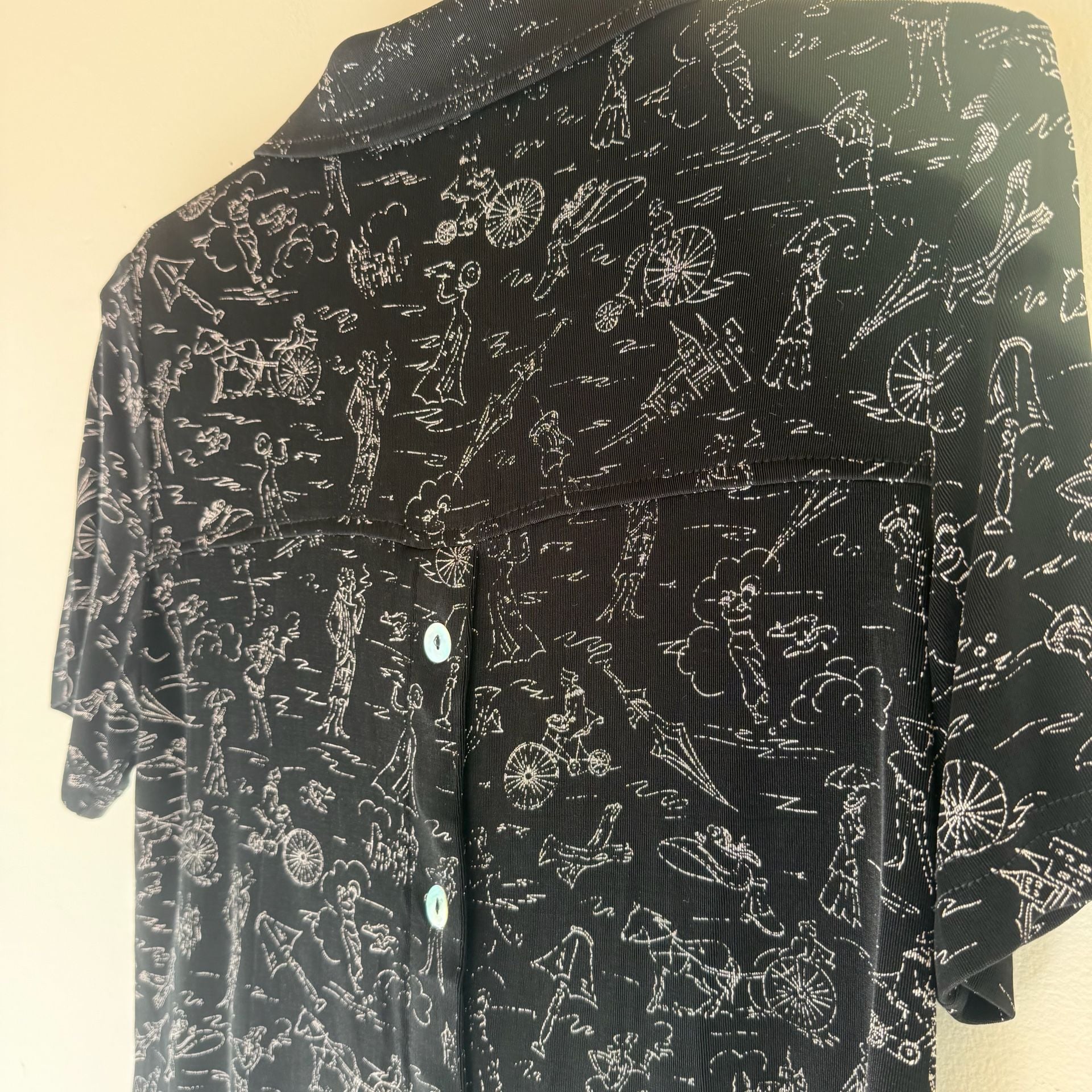 Vintage Black Button Up Blouse with White Drawings 13