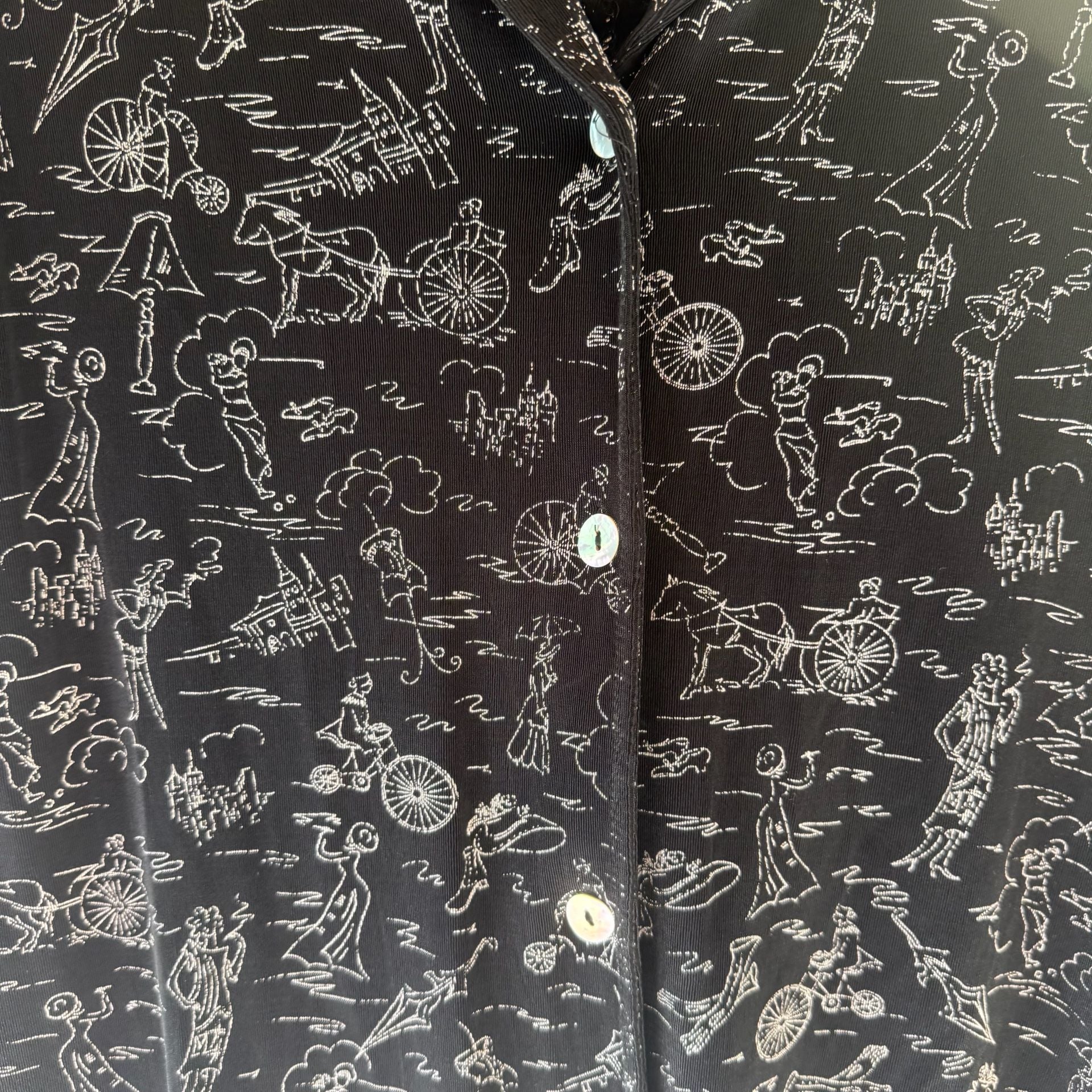 Vintage Black Button Up Blouse with White Drawings 14