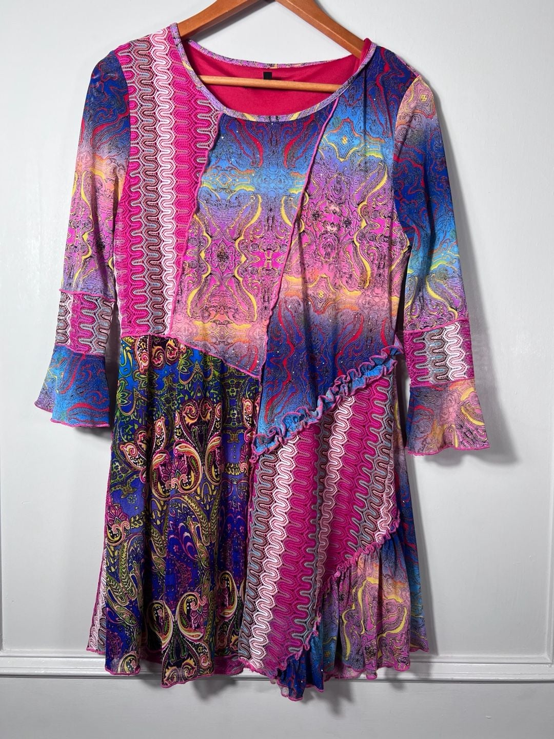 Caleoa Patchwork Paisley Mesh Dress Size S Pink Blue Y2K Boho Festival Ruffle 2