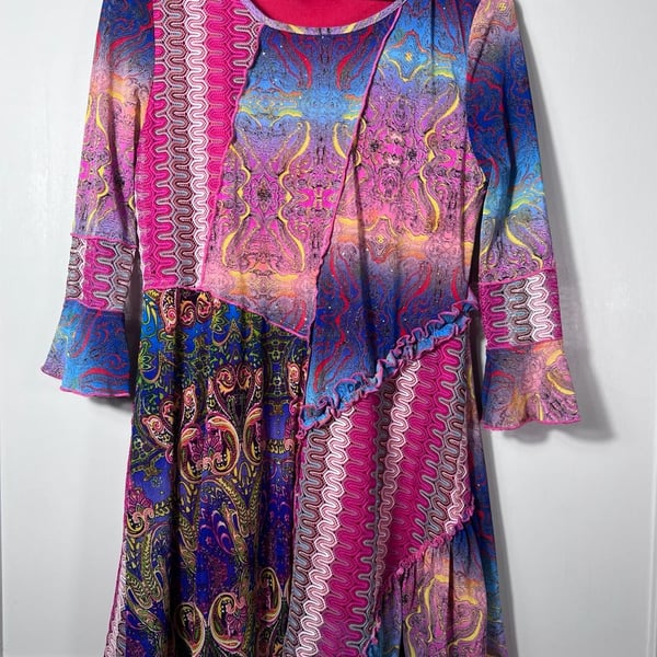 Caleoa Patchwork Paisley Mesh Dress Size S Pink Blue Y2K Boho Festival Ruffle