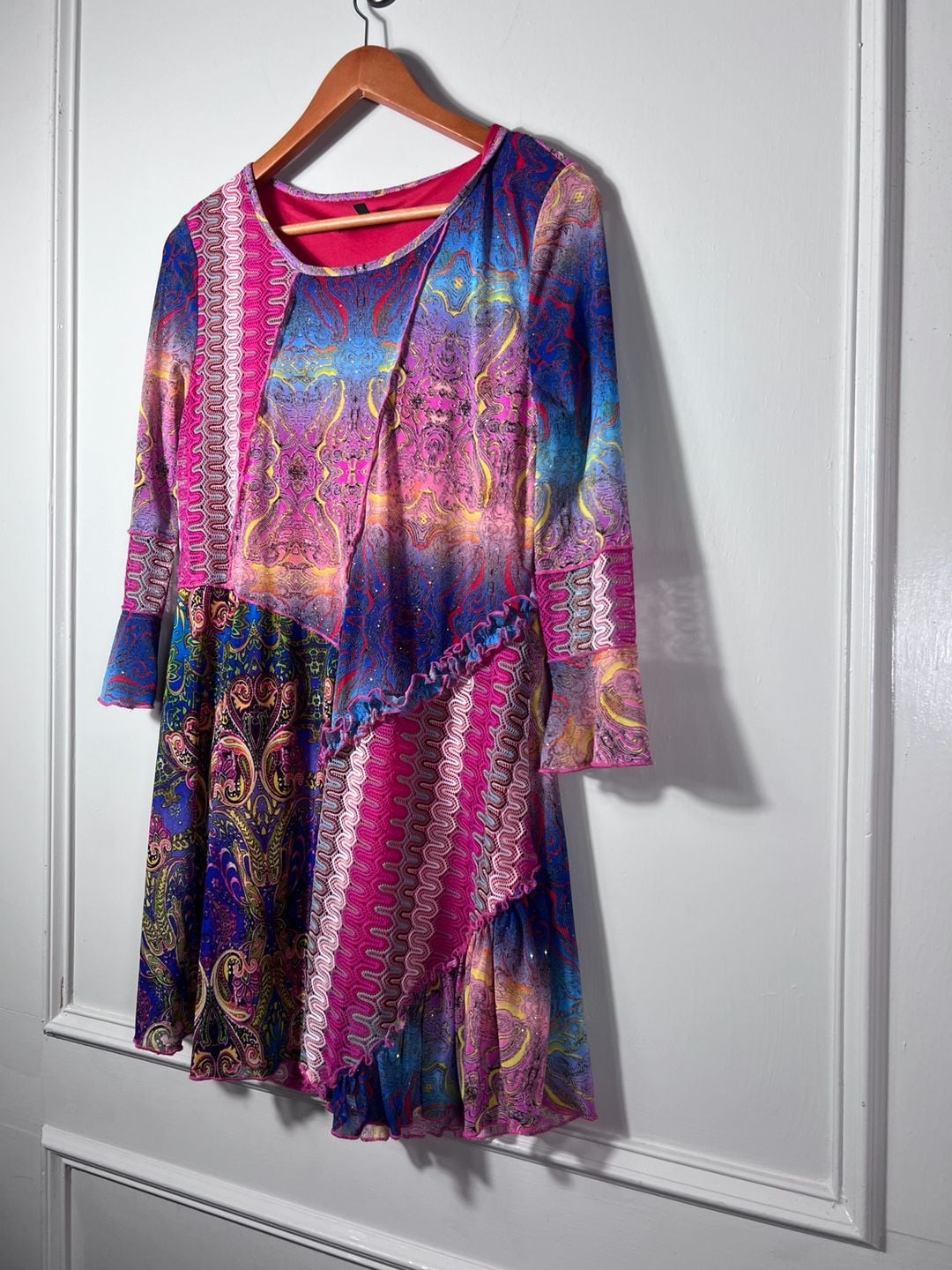 Caleoa Patchwork Paisley Mesh Dress Size S Pink Blue Y2K Boho Festival Ruffle 3