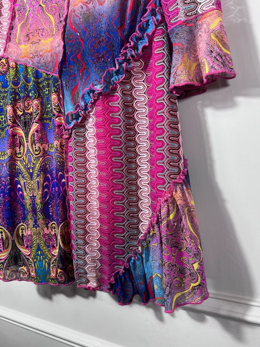 Caleoa Patchwork Paisley Mesh Dress Size S Pink Blue Y2K Boho Festival Ruffle 5