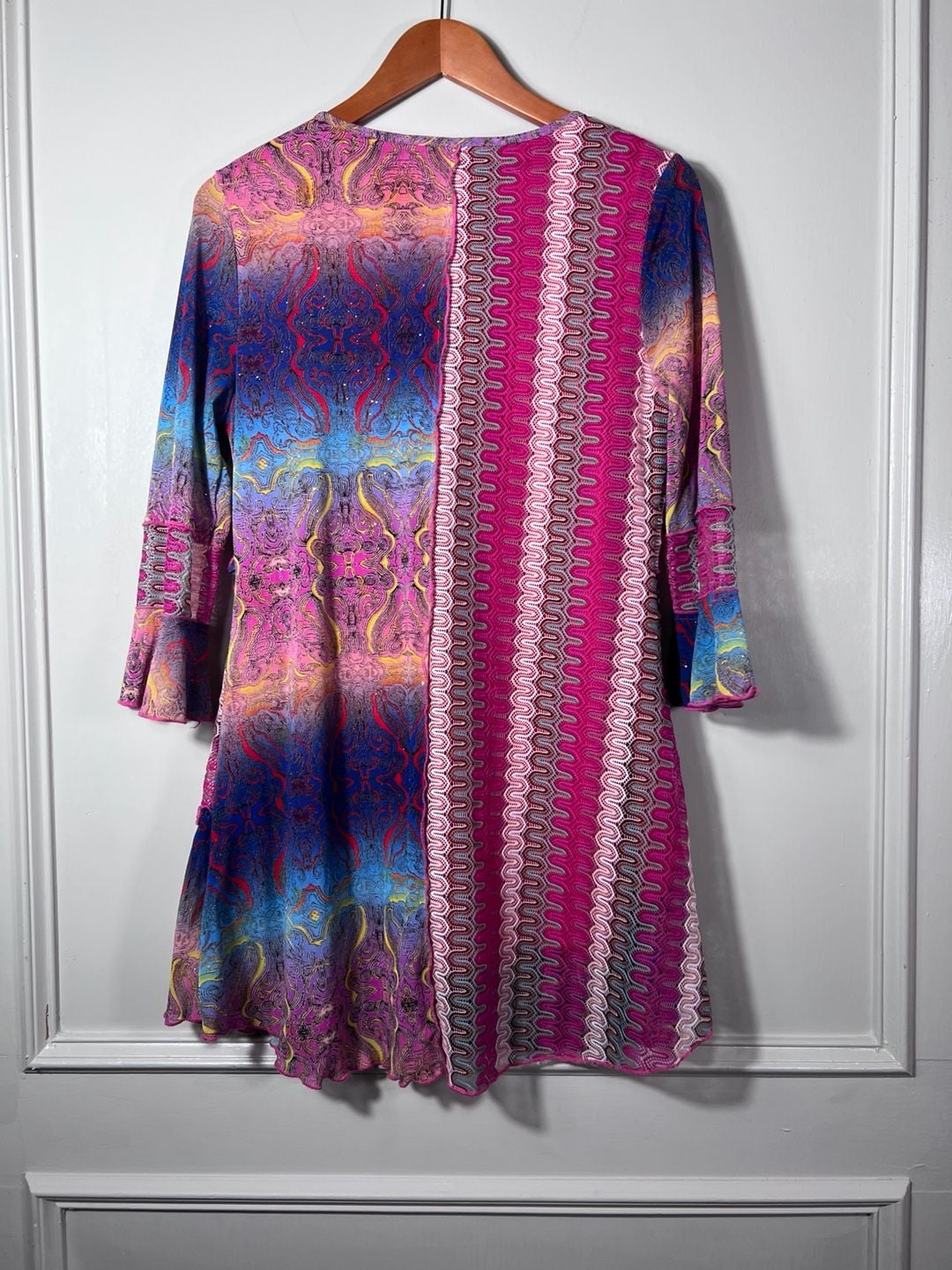 Caleoa Patchwork Paisley Mesh Dress Size S Pink Blue Y2K Boho Festival Ruffle 6