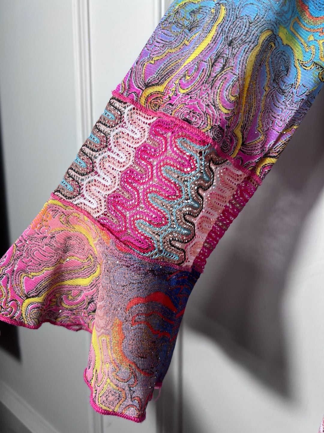 Caleoa Patchwork Paisley Mesh Dress Size S Pink Blue Y2K Boho Festival Ruffle 7