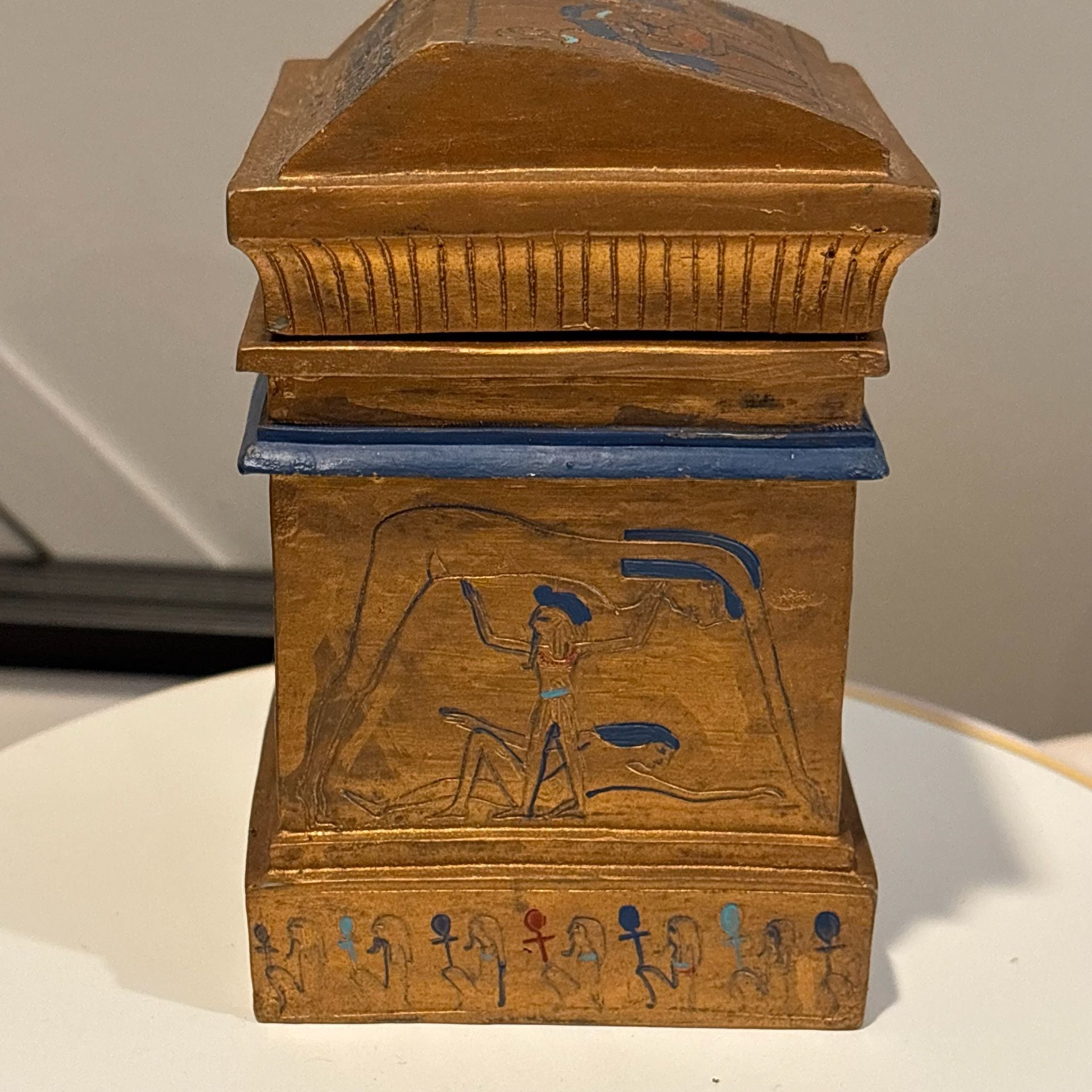 Vintage Egyptian Revival Anubis Isis Hand Painted Wood Temple Lidded Box Rare
1