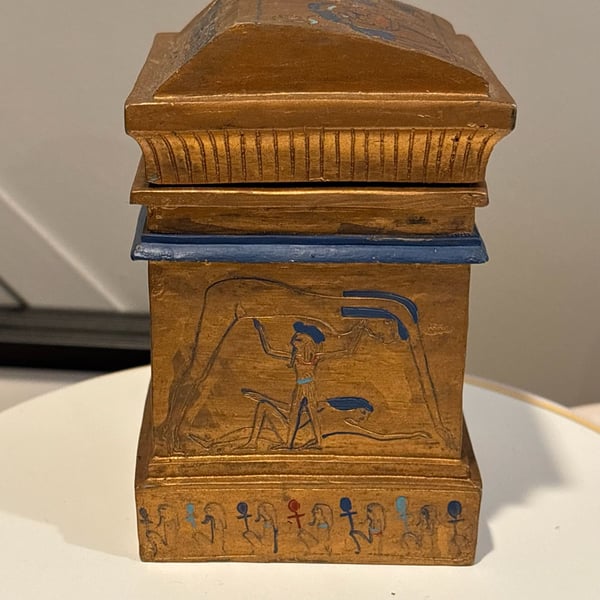 Vintage Egyptian Revival Anubis Isis Hand Painted Wood Temple Lidded Box Rare