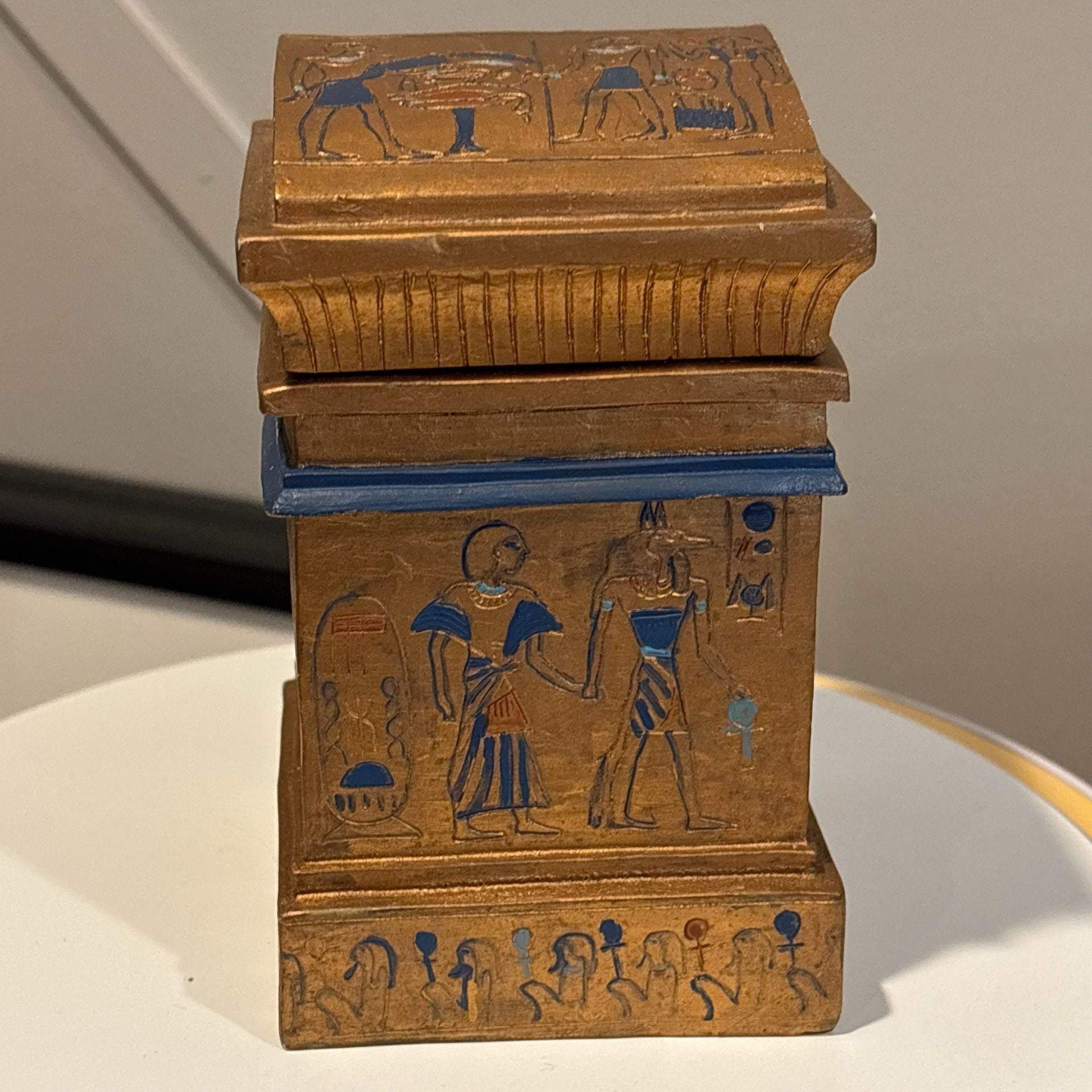 Vintage Egyptian Revival Anubis Isis Hand Painted Wood Temple Lidded Box Rare
2