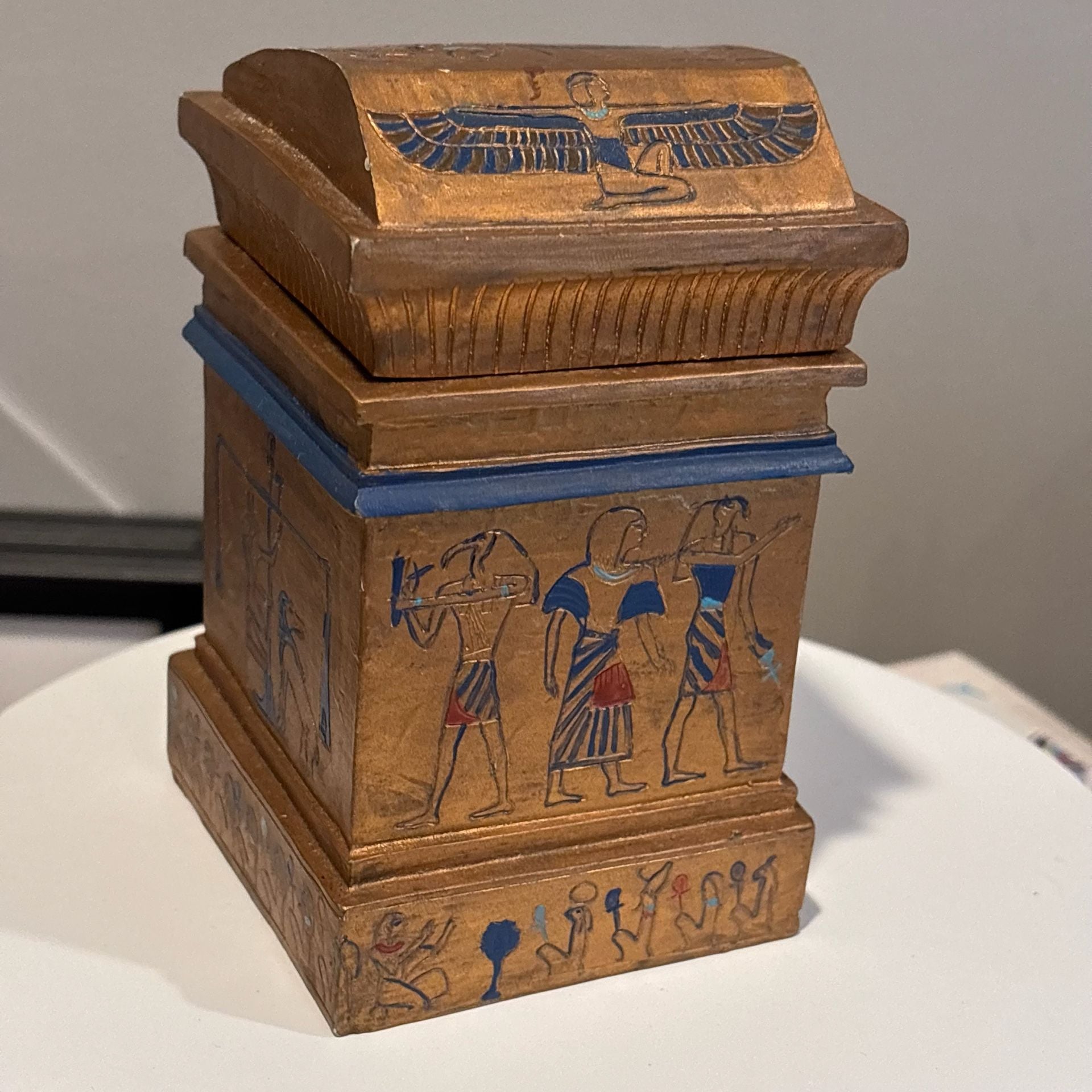 Vintage Egyptian Revival Anubis Isis Hand Painted Wood Temple Lidded Box Rare
3