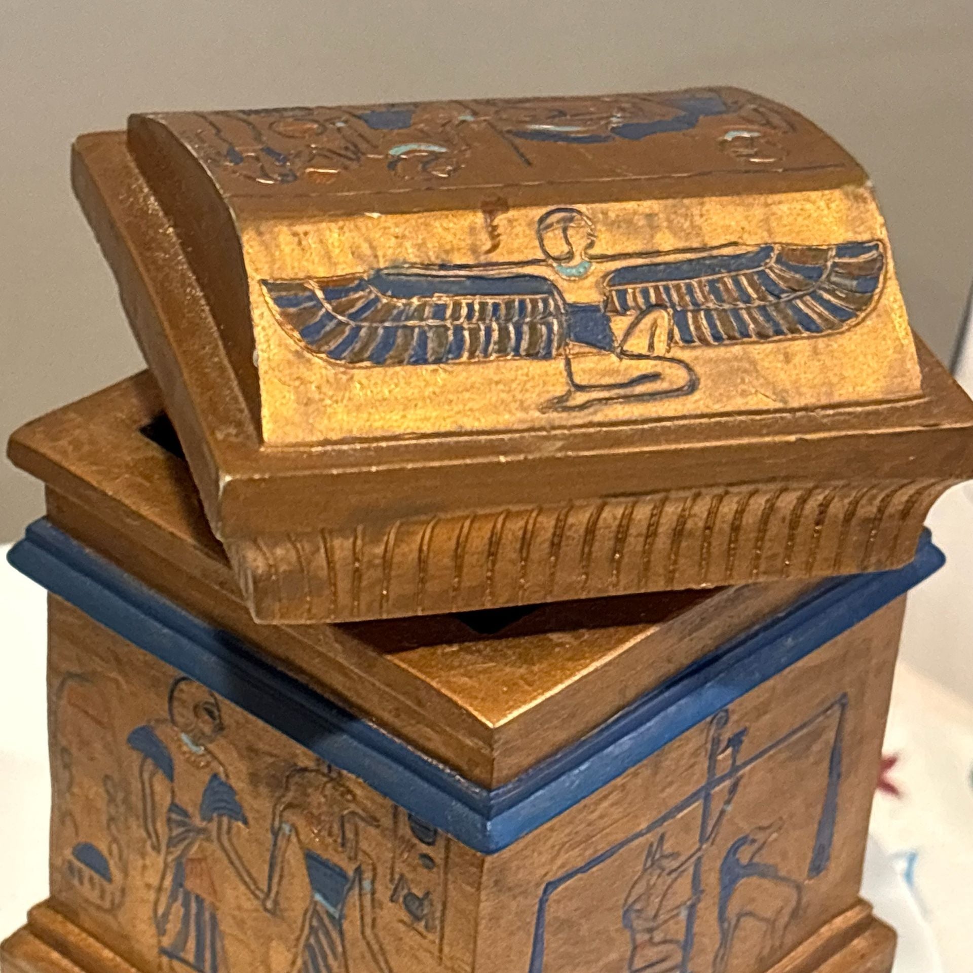 Vintage Egyptian Revival Anubis Isis Hand Painted Wood Temple Lidded Box Rare
7