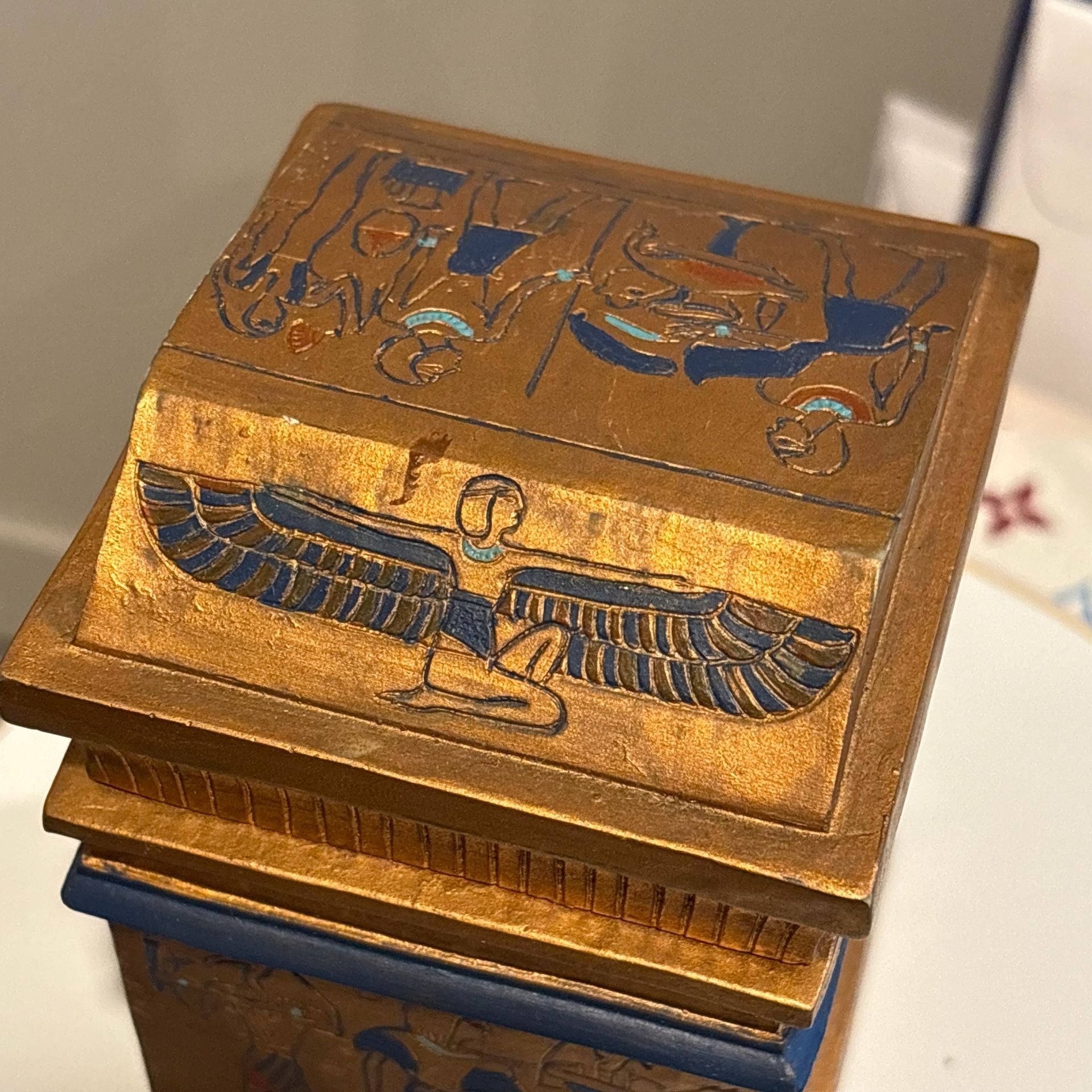 Vintage Egyptian Revival Anubis Isis Hand Painted Wood Temple Lidded Box Rare
8