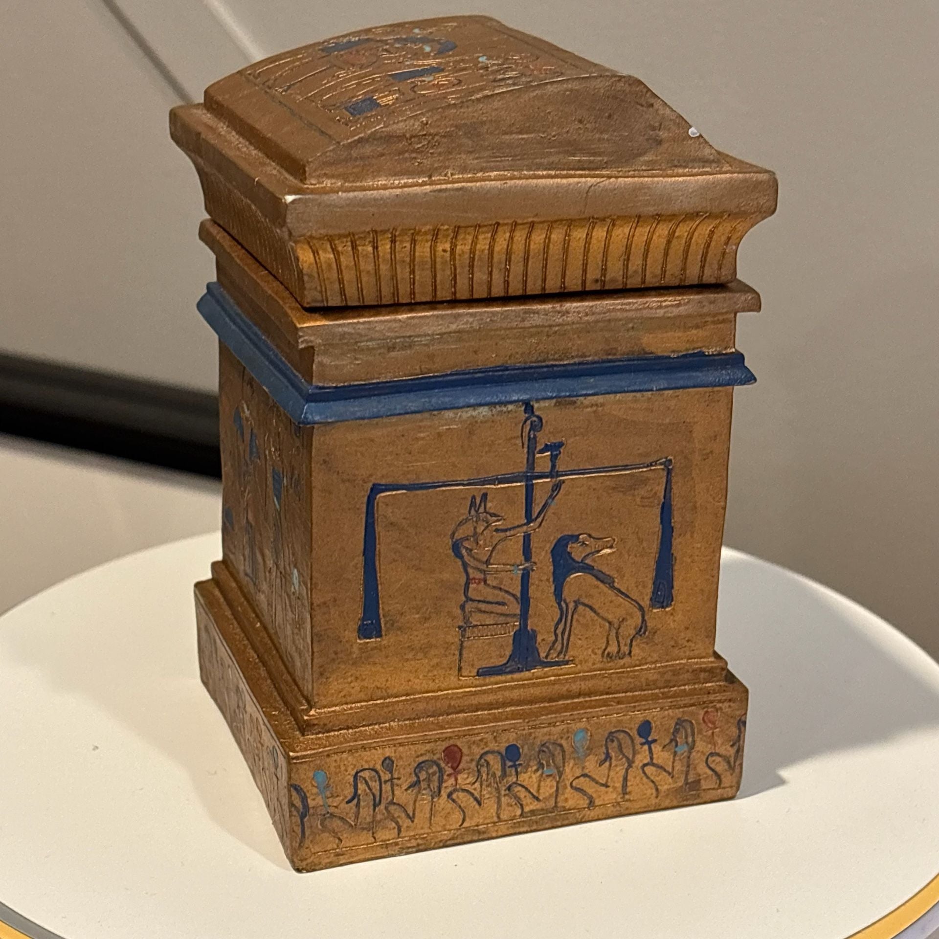 Vintage Egyptian Revival Anubis Isis Hand Painted Wood Temple Lidded Box Rare
9