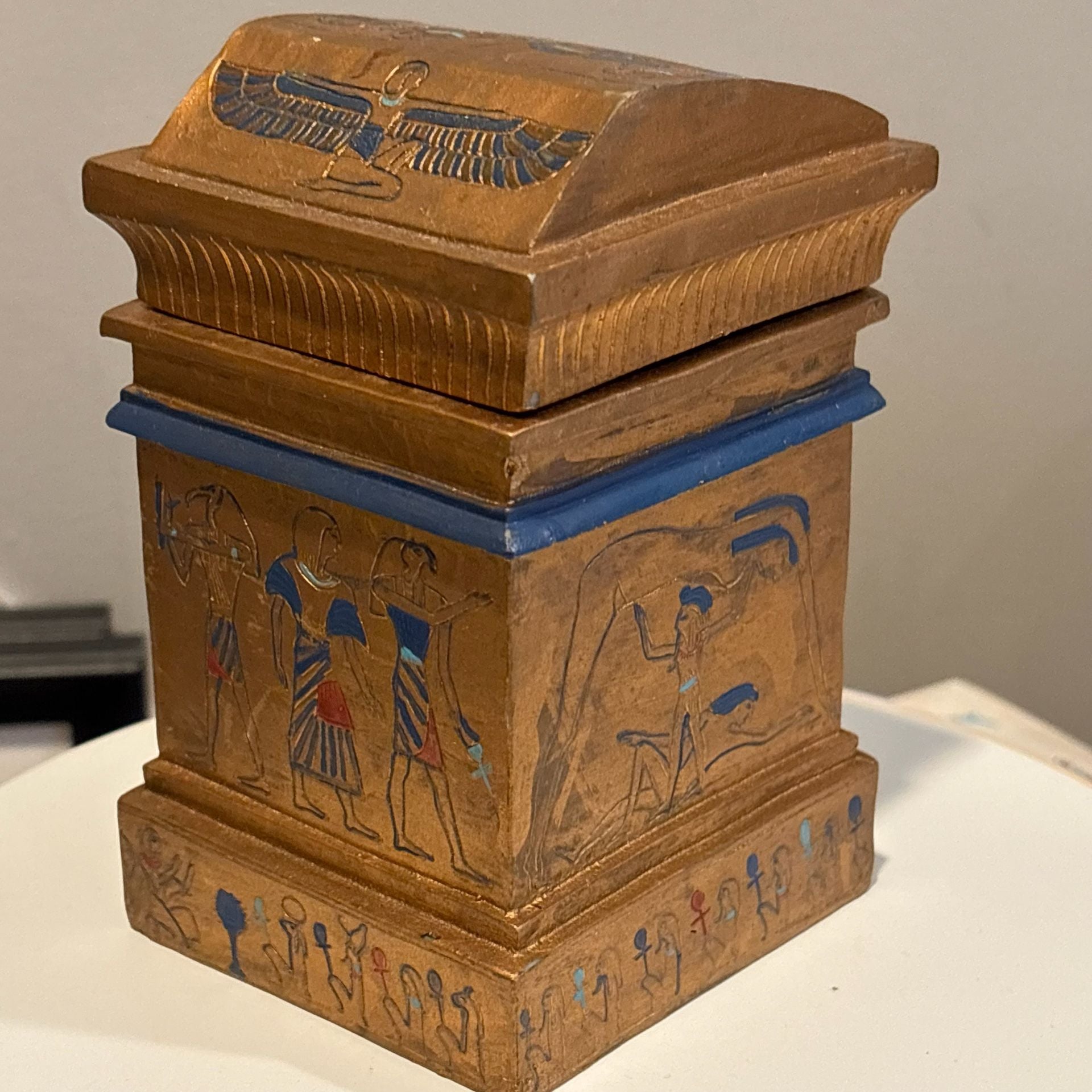 Vintage Egyptian Revival Anubis Isis Hand Painted Wood Temple Lidded Box Rare
10