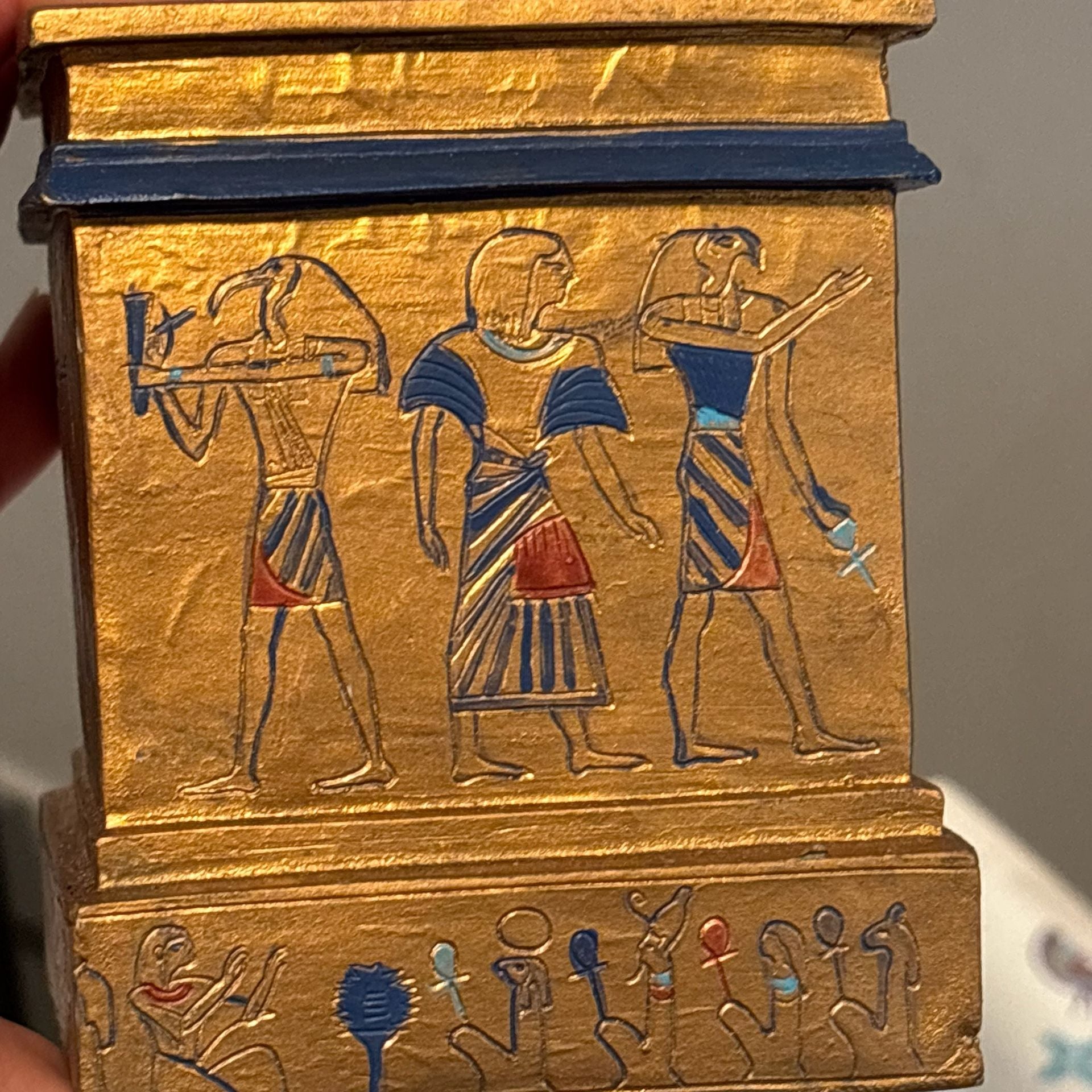Vintage Egyptian Revival Anubis Isis Hand Painted Wood Temple Lidded Box Rare
14
