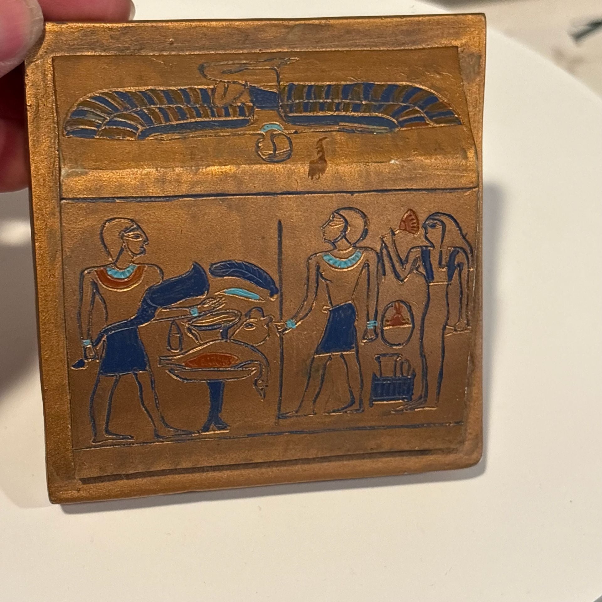 Vintage Egyptian Revival Anubis Isis Hand Painted Wood Temple Lidded Box Rare
16