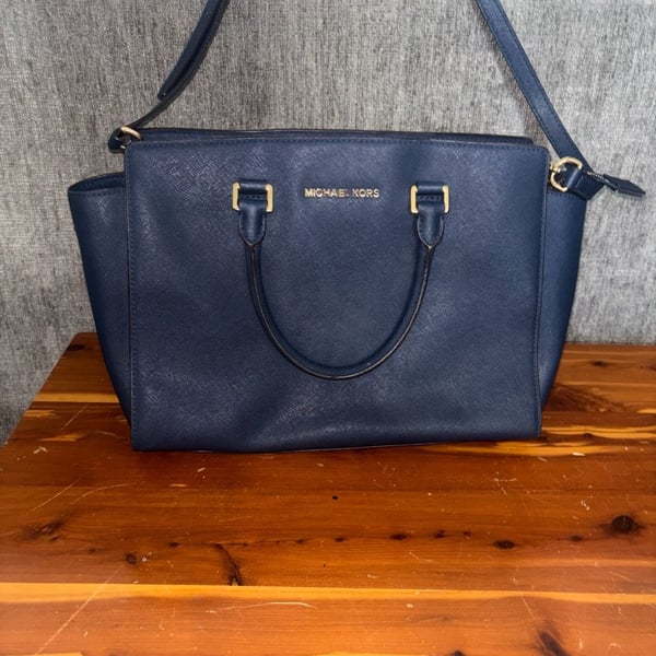 Michael Kors Selma Large Satchel Navy Blue Saffiano Leather Handbag