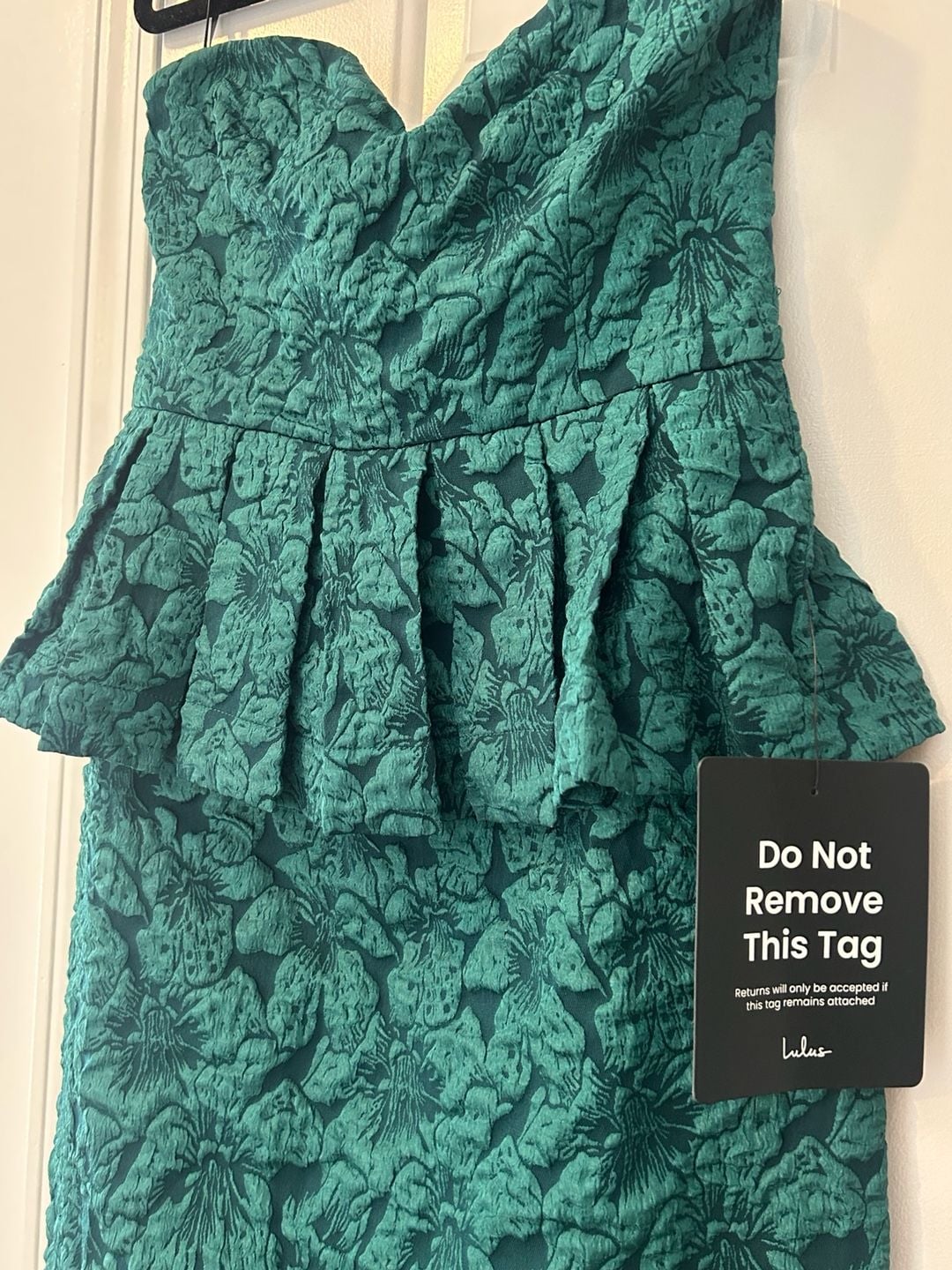 NWT Lulus Strapless Peplum Jacquard Midi Dress Size L Green Floral 3