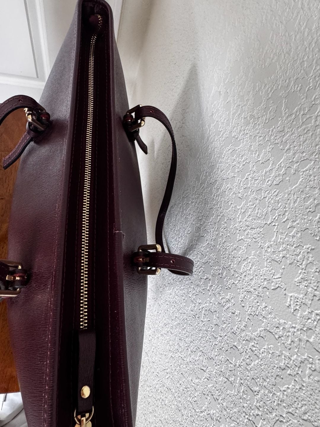  Italian Leather Saffiano Burgundy Zip Tote Bag 7