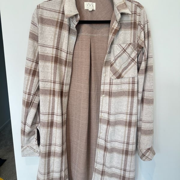 Thread & Supply Plaid Shacket Size XS Brown Cream Long Sleeve Shirt