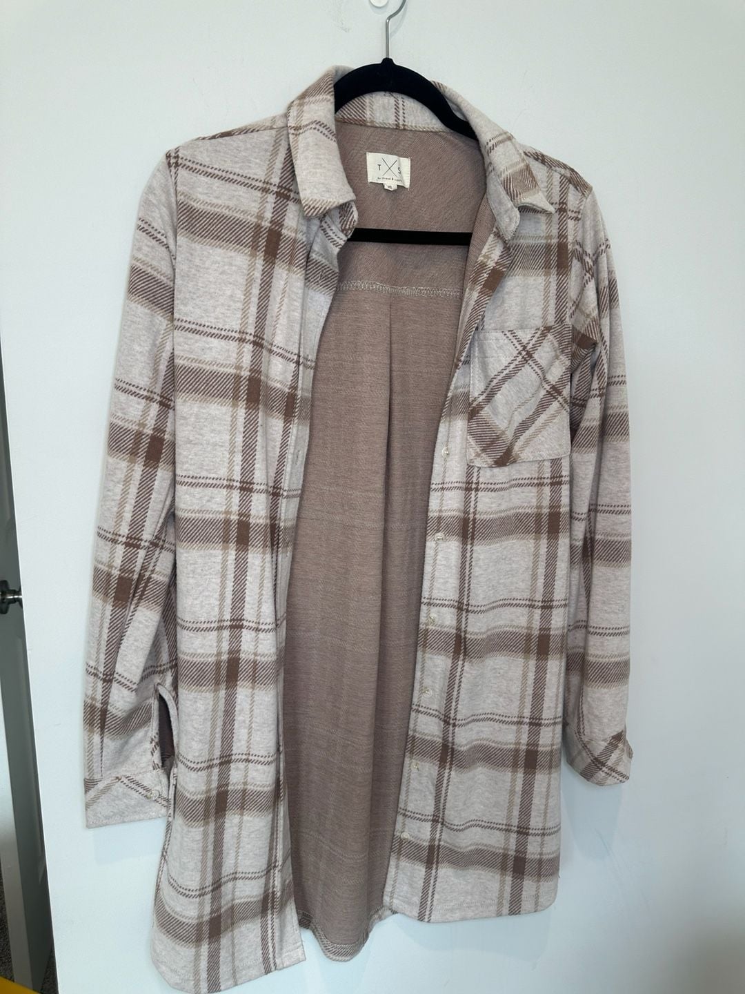Thread & Supply Plaid Shacket Size XS Brown Cream Long Sleeve Shirt 6