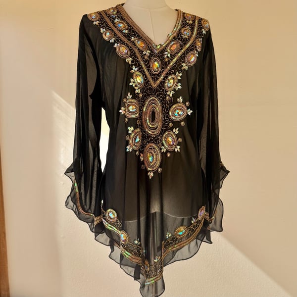 Beaded Embellished Chiffon Sheet Tunic Top Black with Flare Sleeves