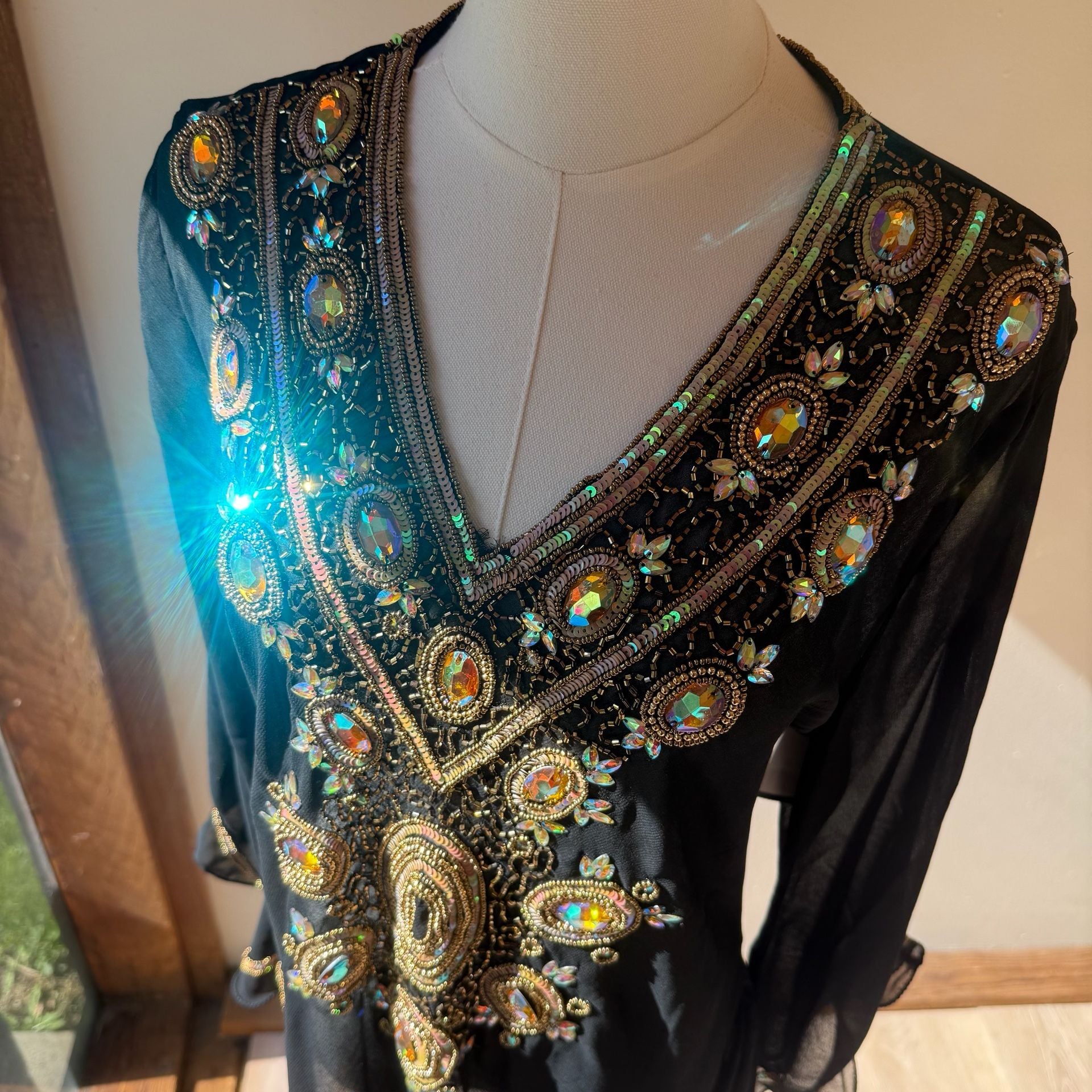 Beaded Embellished Chiffon Sheet Tunic Top Black with Flare Sleeves  9