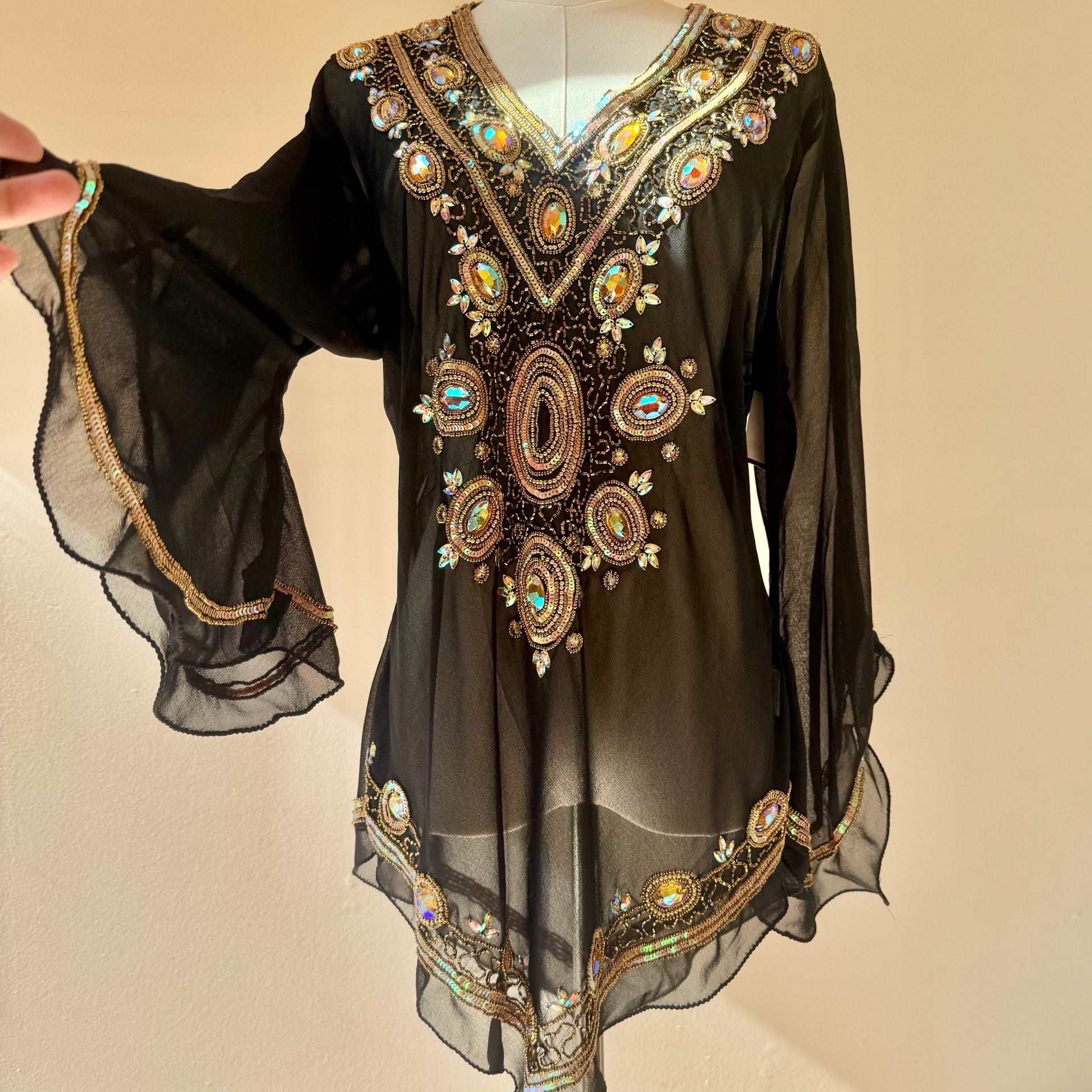 Beaded Embellished Chiffon Sheet Tunic Top Black with Flare Sleeves  11