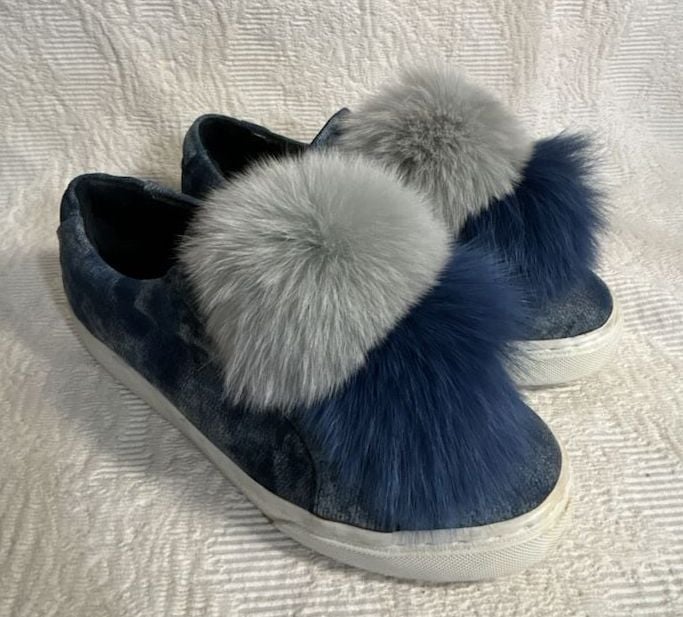 Here / Now Fur Pom Pom Sneakers Size 37.5 Blue Denim Leather Slip On Shoes 3