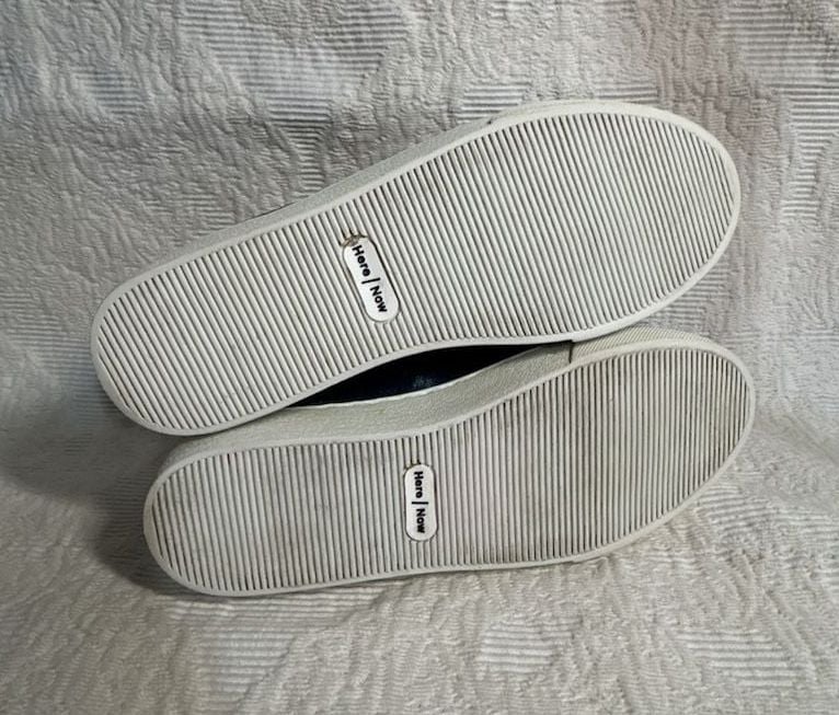 Here / Now Fur Pom Pom Sneakers Size 37.5 Blue Denim Leather Slip On Shoes 4