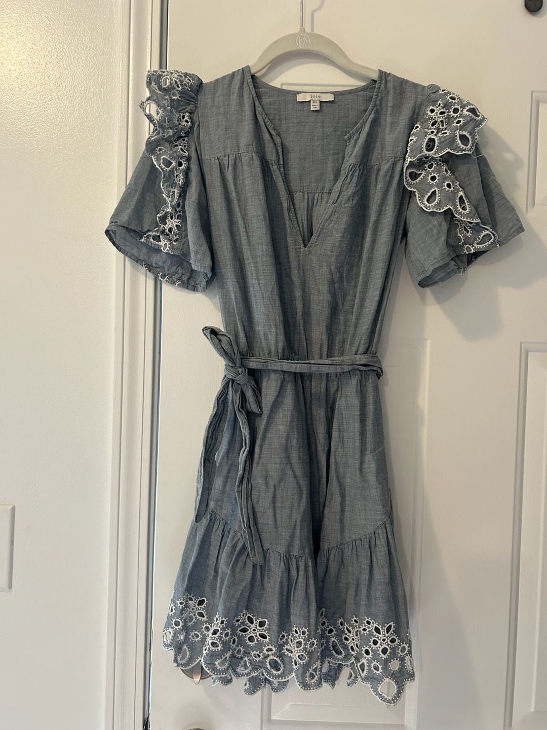 Joie Safia Eyelet Ruffle Mini Dress Size XXS Blue Chambray 2