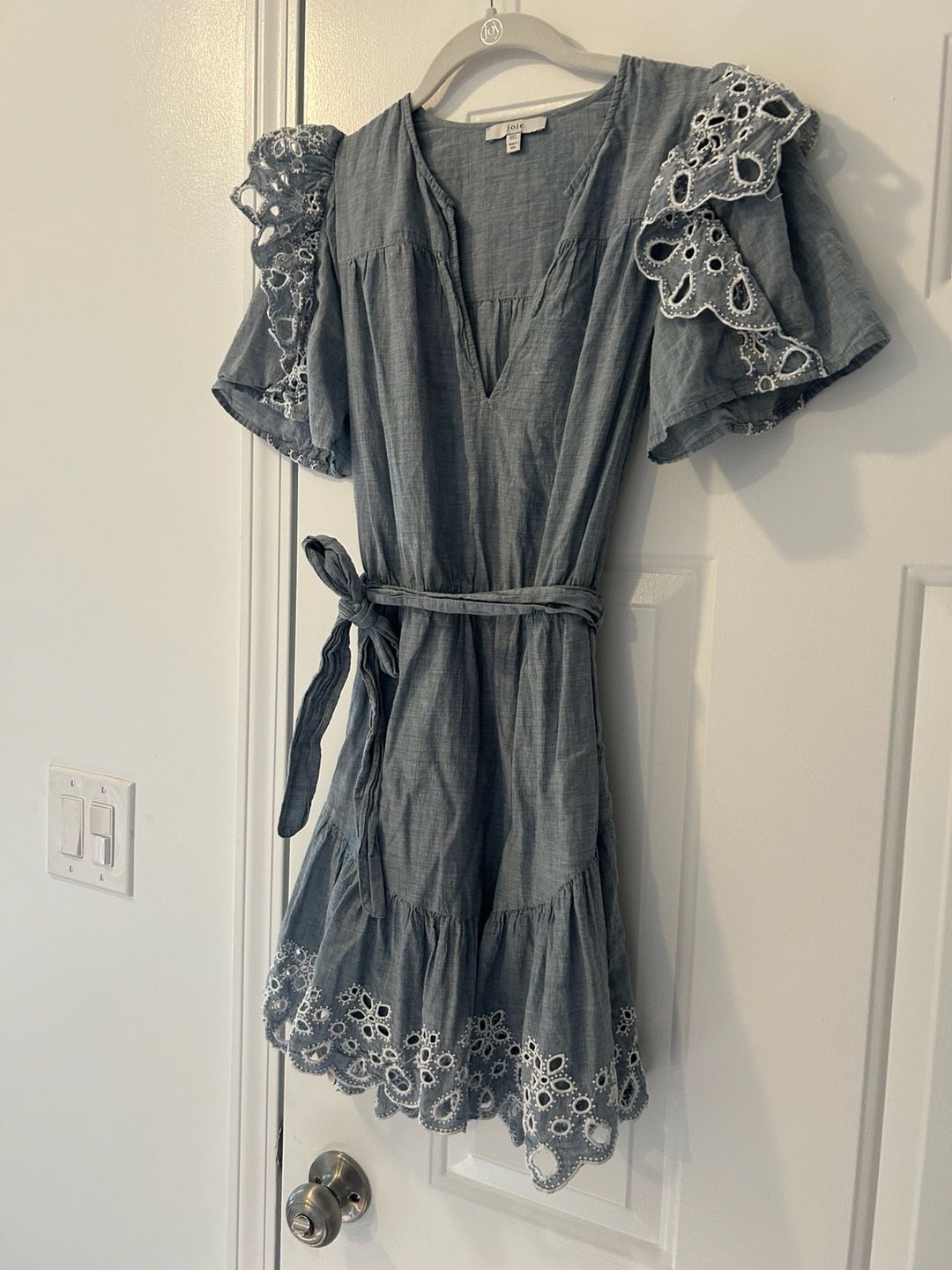 Joie Safia Eyelet Ruffle Mini Dress Size XXS Blue Chambray 3