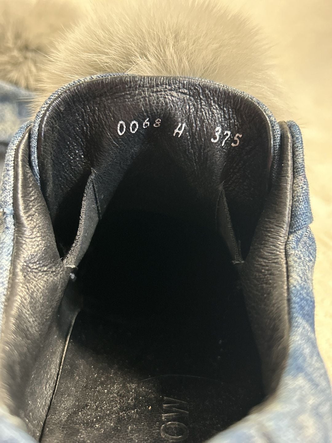 Here / Now Fur Pom Pom Sneakers Size 37.5 Blue Denim Leather Slip On Shoes 6